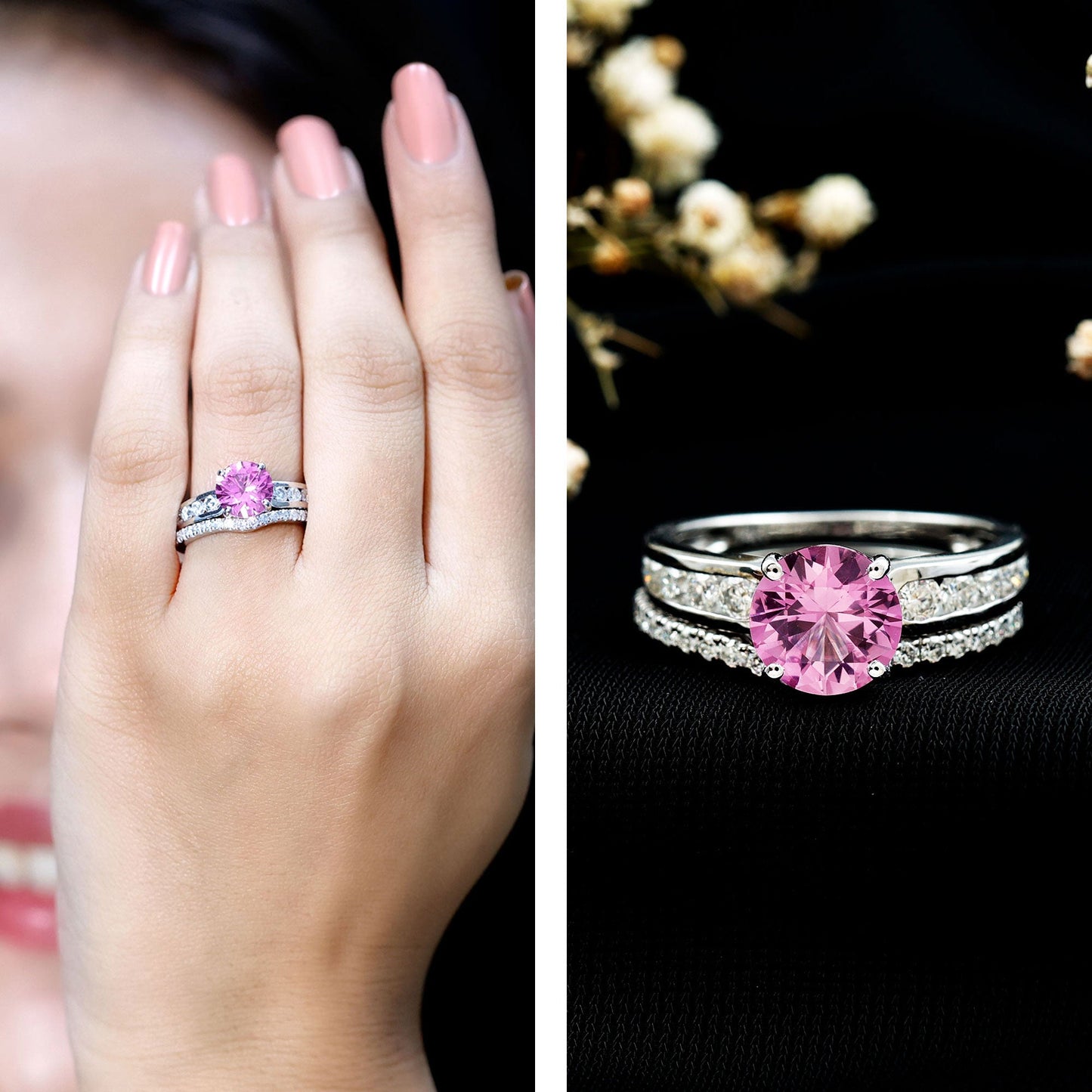 2.25 Carat Lab Grown Pink Sapphire Solitaire Bridal Ring Set