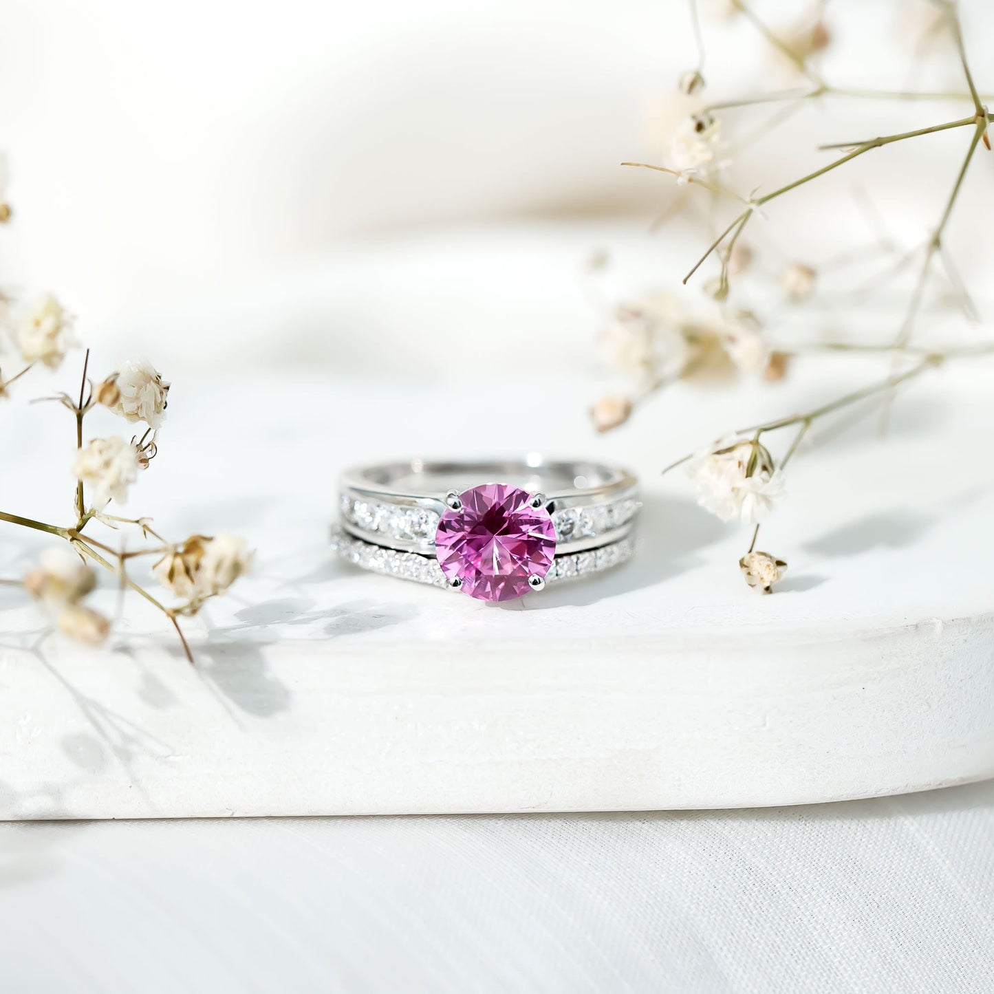 2.25 Carat Lab Grown Pink Sapphire Solitaire Bridal Ring Set