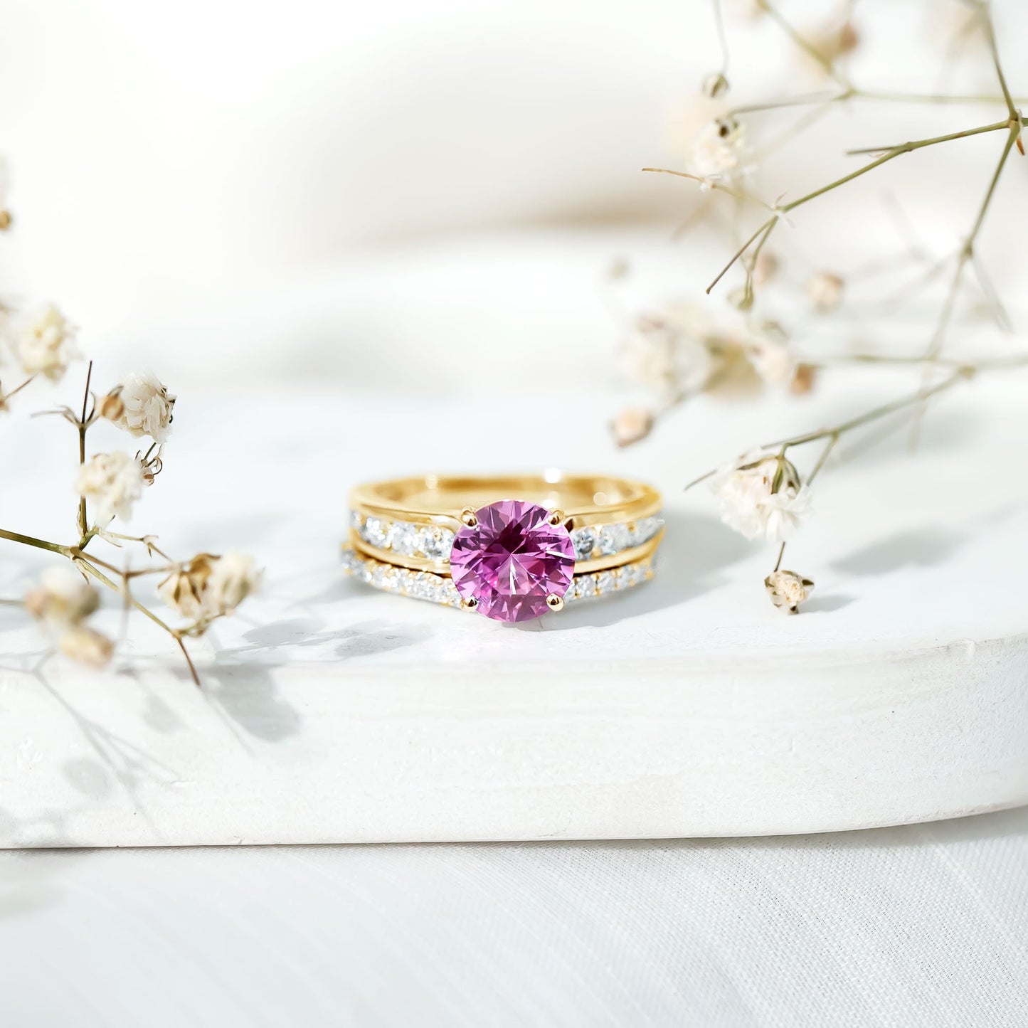 2.25 Carat Lab Grown Pink Sapphire Solitaire Bridal Ring Set