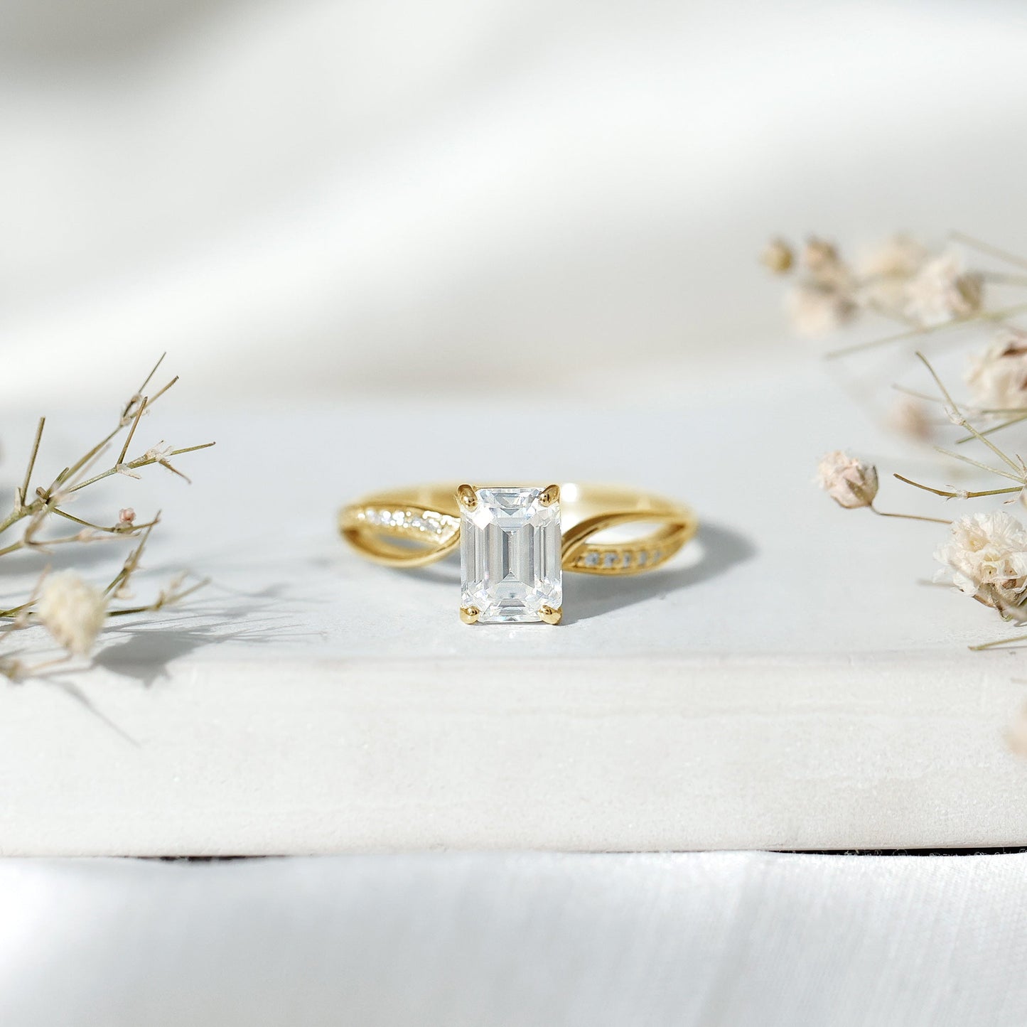 Certified 6X8 MM Emerald Cut Moissanite Infinity Engagement Ring