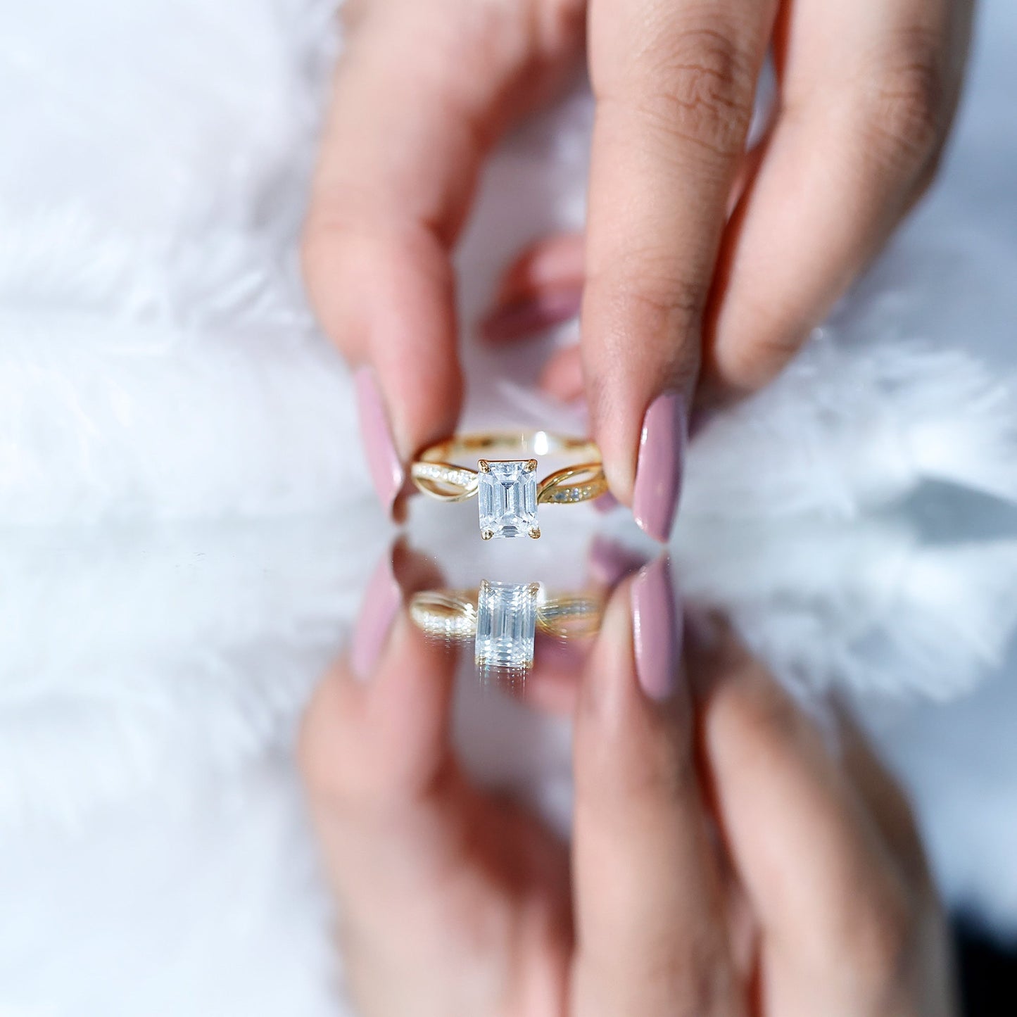 Certified 6X8 MM Emerald Cut Moissanite Infinity Engagement Ring