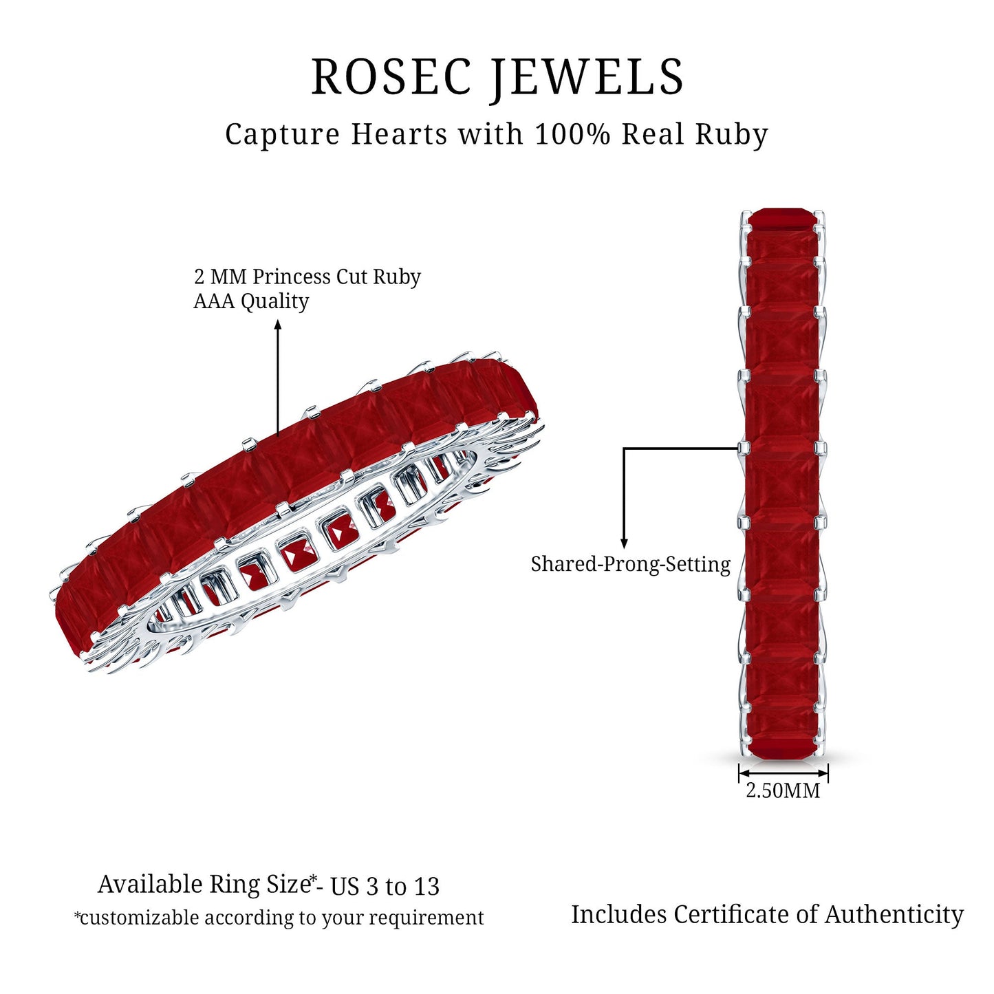 Princess Cut Ruby Eternity Ring – Thin Ruby Wedding Band in Shared Prong Setting | Real AAA Ruby