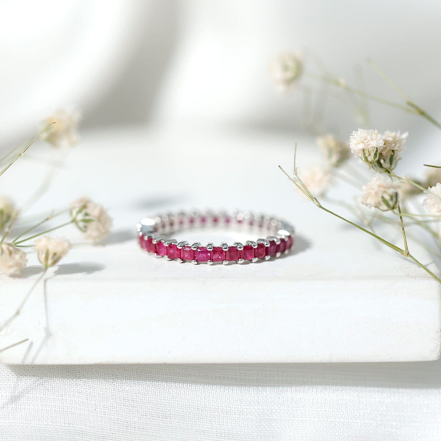 Princess Cut Ruby Eternity Ring – Thin Ruby Wedding Band in Shared Prong Setting | Real AAA Ruby