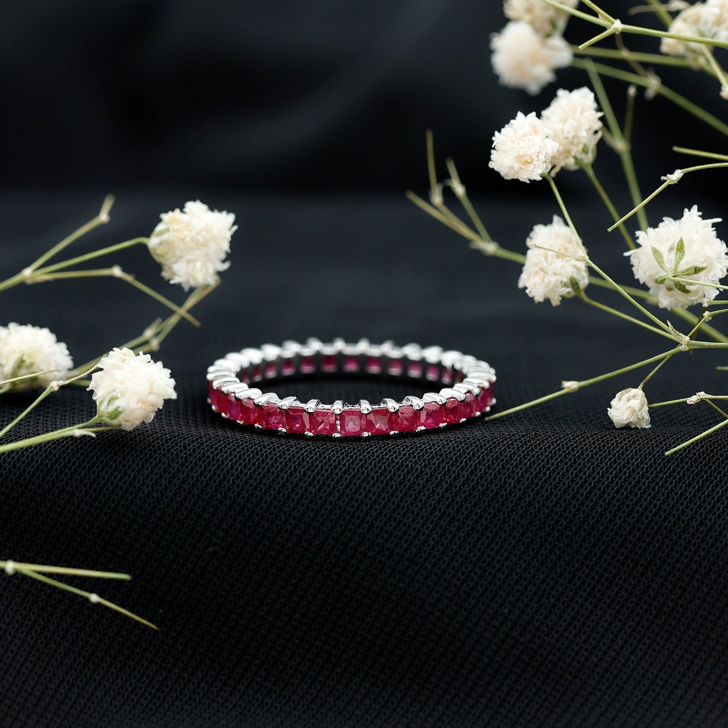 Princess Cut Ruby Eternity Ring – Thin Ruby Wedding Band in Shared Prong Setting | Real AAA Ruby