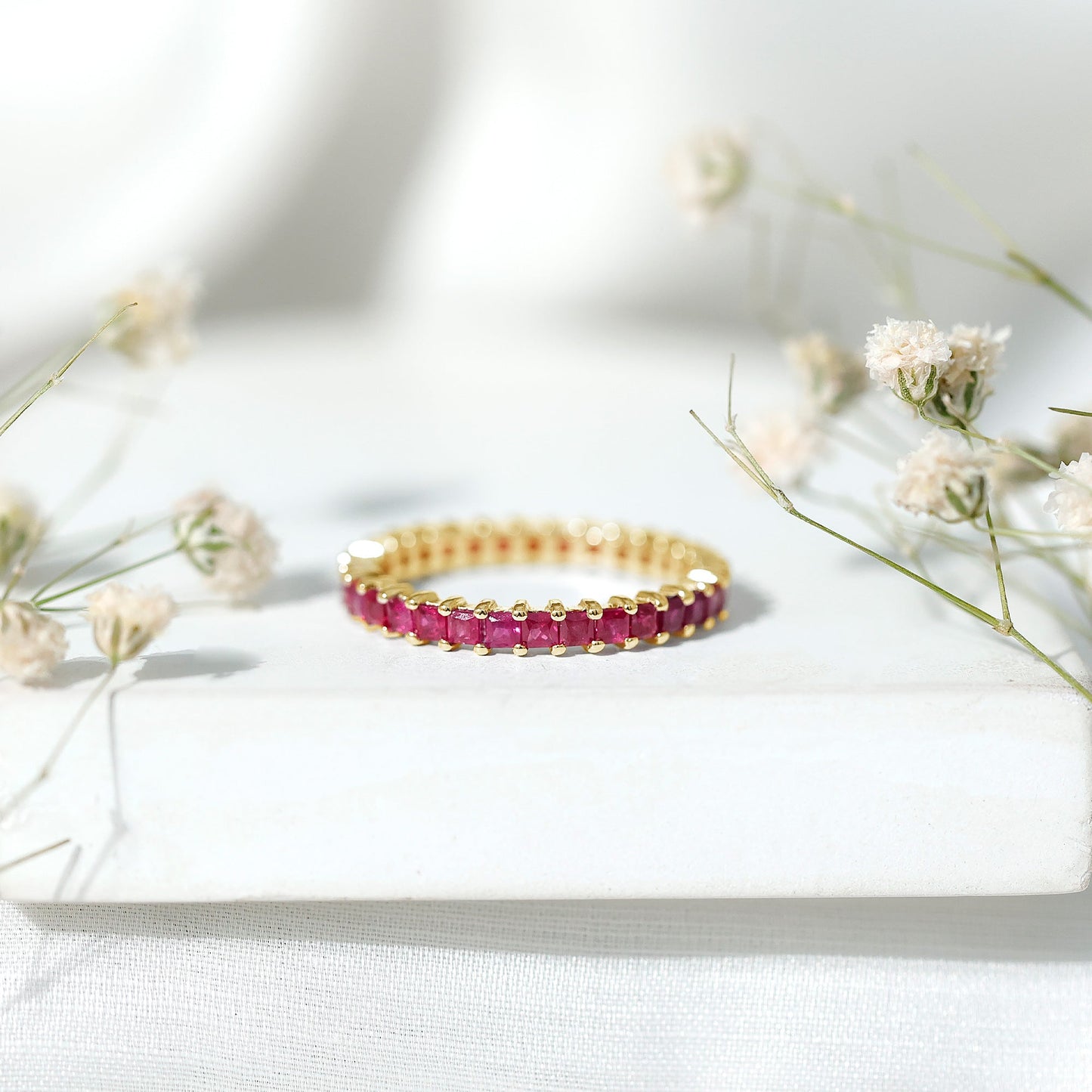 Princess Cut Ruby Eternity Ring – Thin Ruby Wedding Band in Shared Prong Setting | Real AAA Ruby