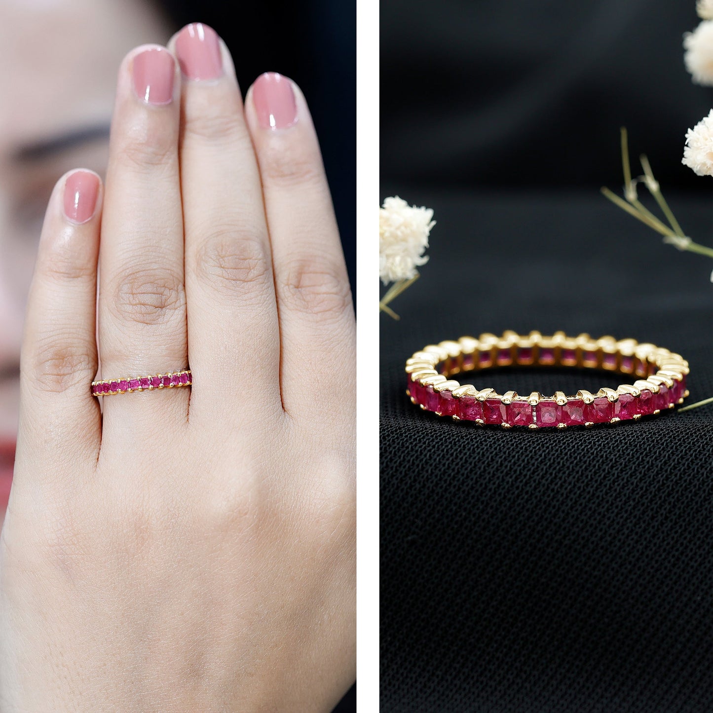 Princess Cut Ruby Eternity Ring – Thin Ruby Wedding Band in Shared Prong Setting | Real AAA Ruby