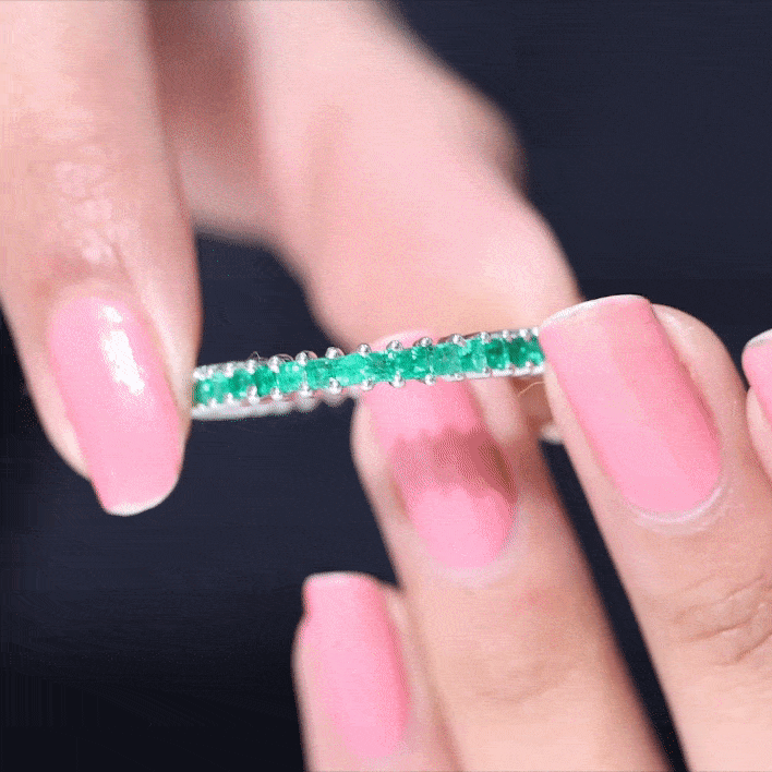 Princess Cut Natural Emerald Eternity Wedding Band