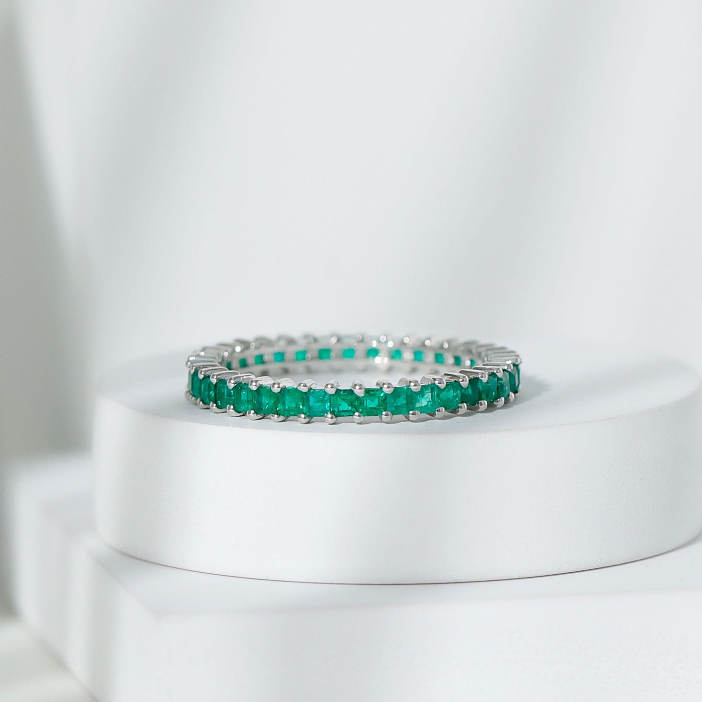 Princess Cut Natural Emerald Eternity Wedding Band