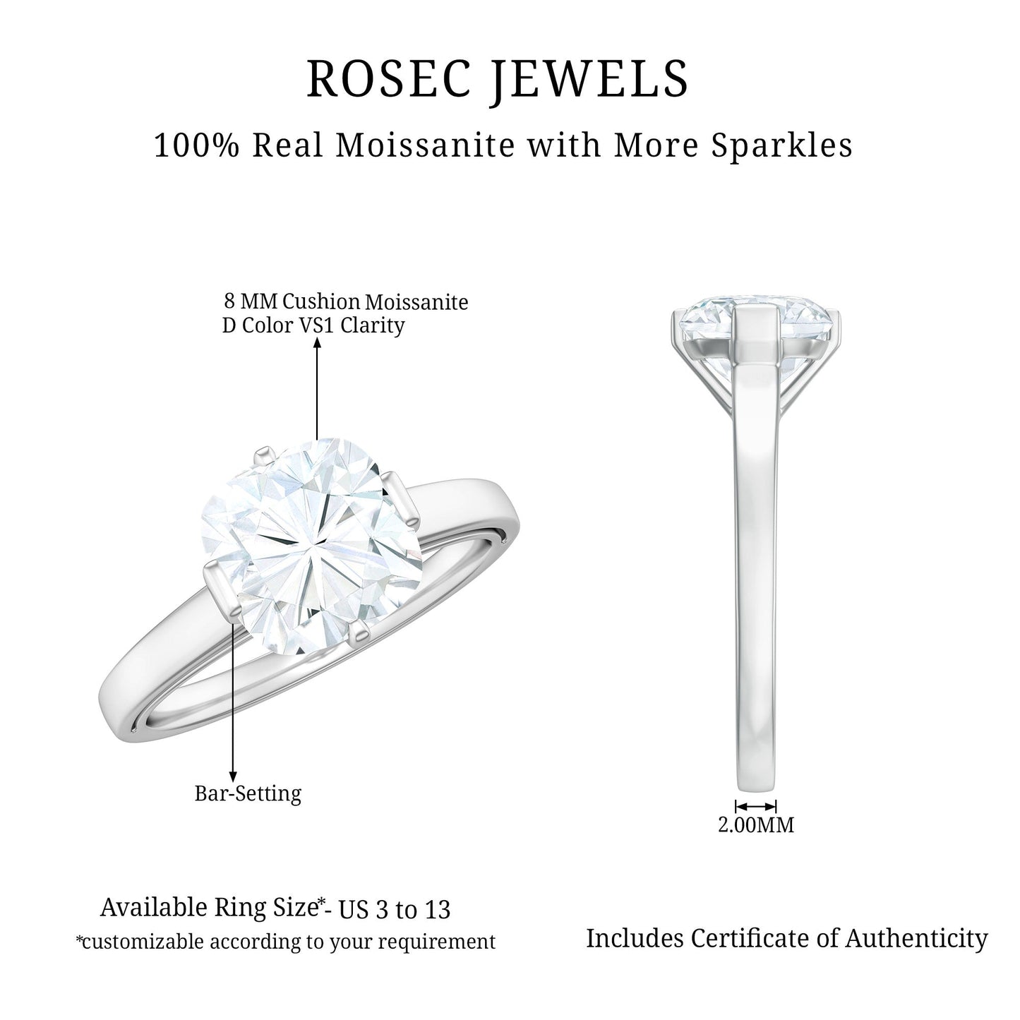 3 Carat Cushion Cut Moissanite Solitaire Engagement Ring with Certificate