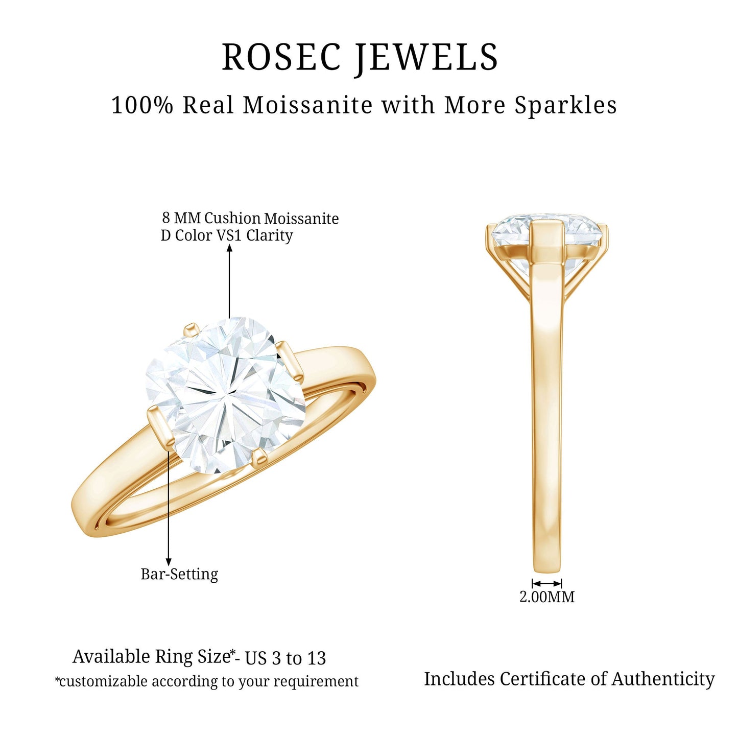 3 Carat Cushion Cut Moissanite Solitaire Engagement Ring with Certificate