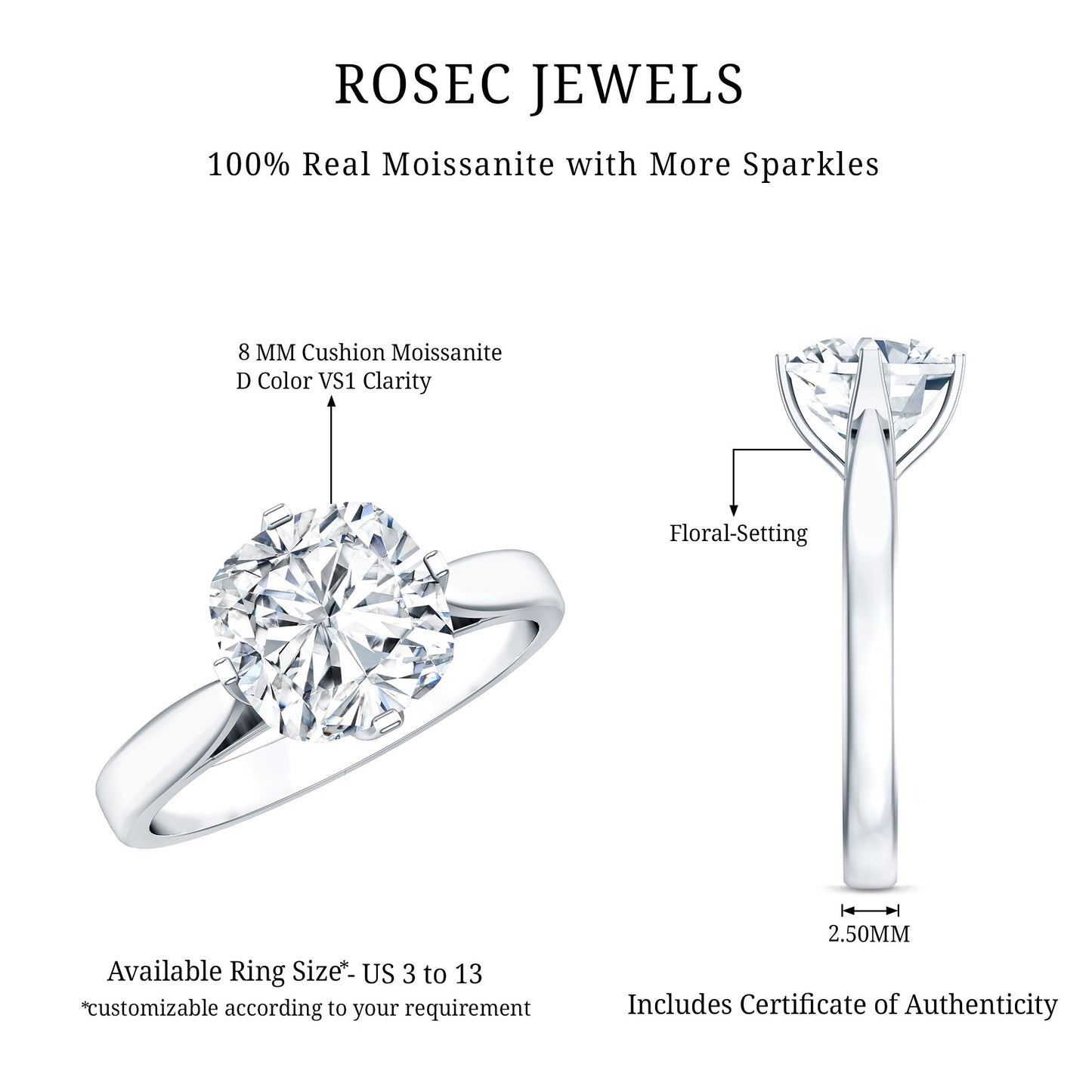 3 CT Cushion Moissanite Solitaire Engagement Ring