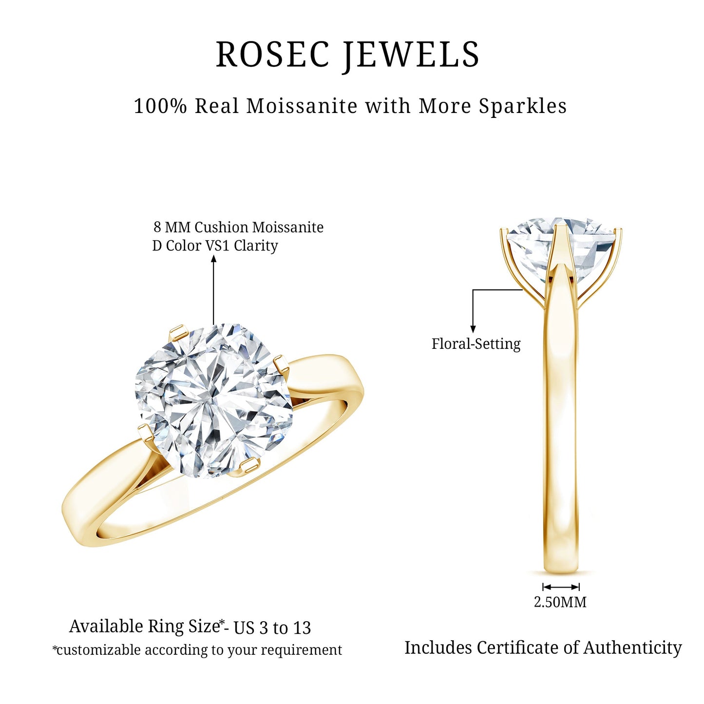3 CT Cushion Moissanite Solitaire Engagement Ring