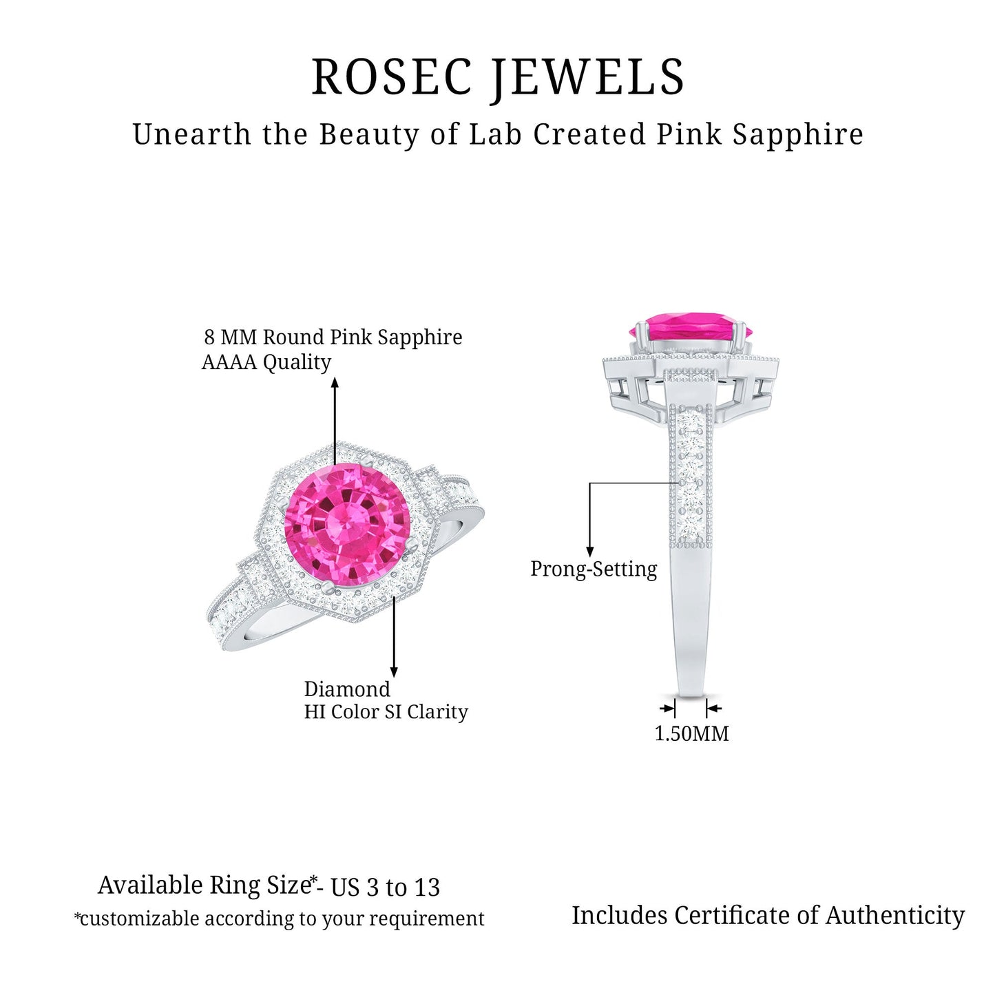 Lab Created Pink Sapphire Vintage Engagement Ring with Diamond Halo