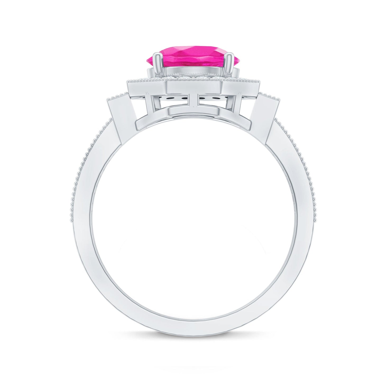 Lab Created Pink Sapphire Vintage Engagement Ring with Diamond Halo