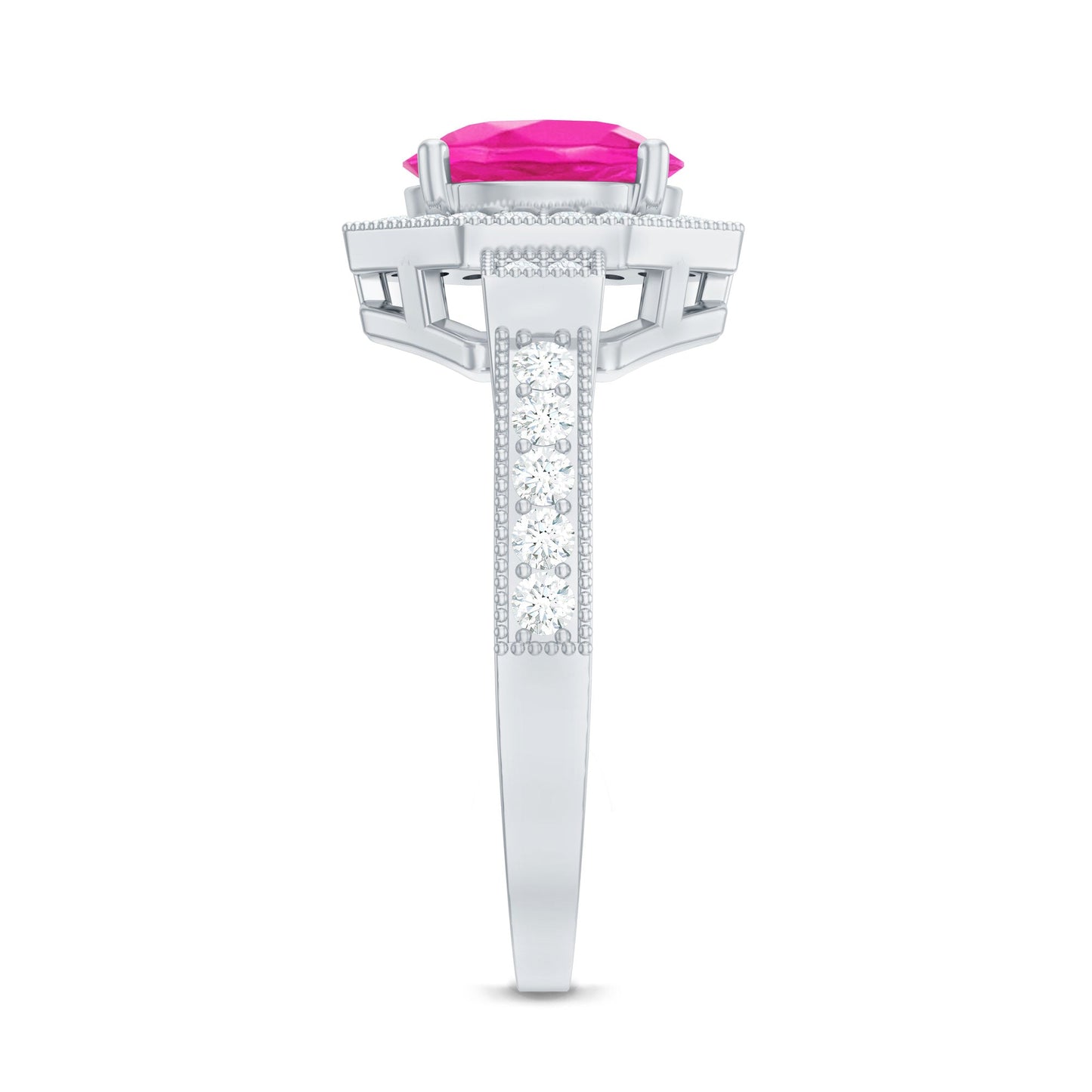 Lab Created Pink Sapphire Vintage Engagement Ring with Diamond Halo