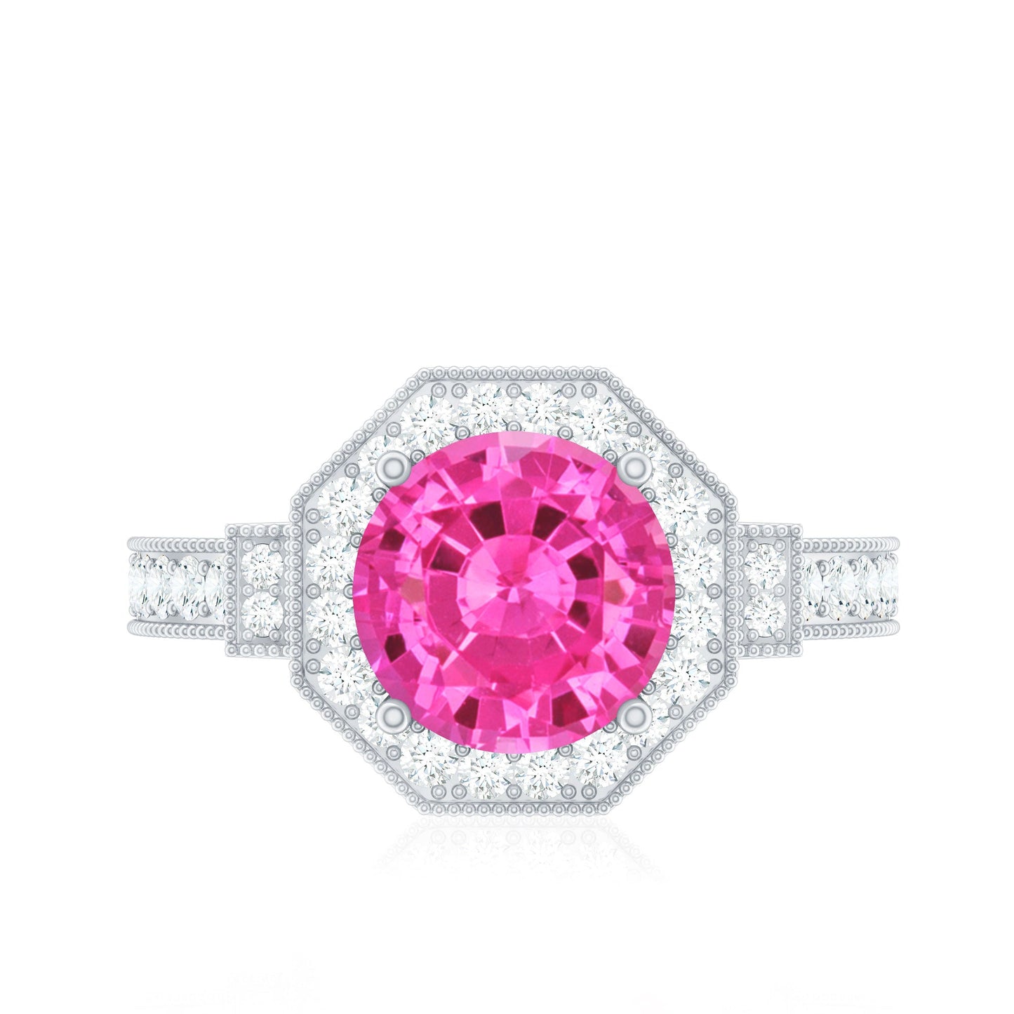 Lab Created Pink Sapphire Vintage Engagement Ring with Diamond Halo
