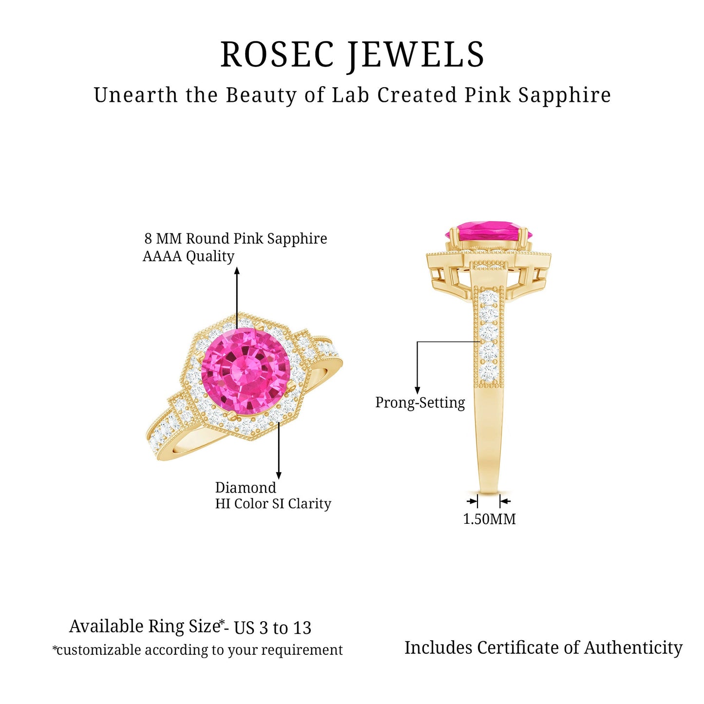 Lab Created Pink Sapphire Vintage Engagement Ring with Diamond Halo