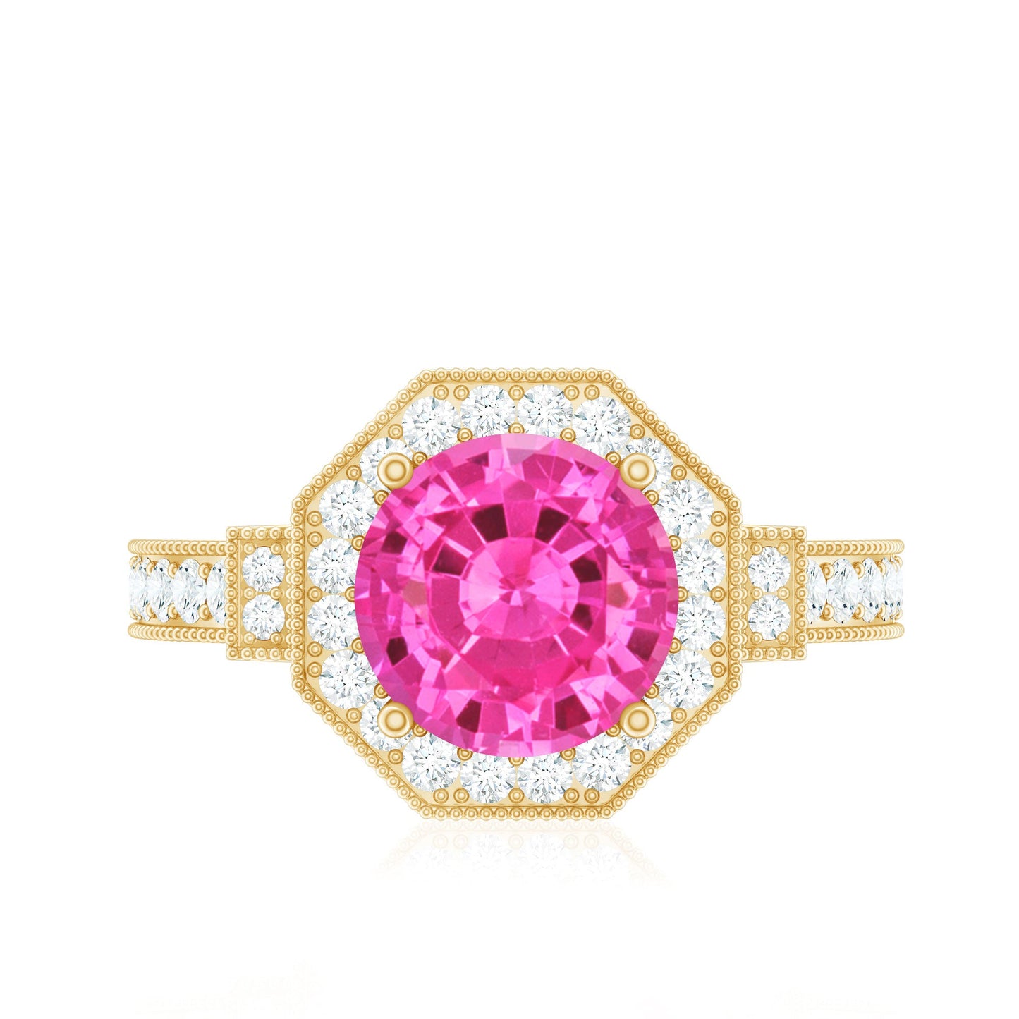 Lab Created Pink Sapphire Vintage Engagement Ring with Diamond Halo