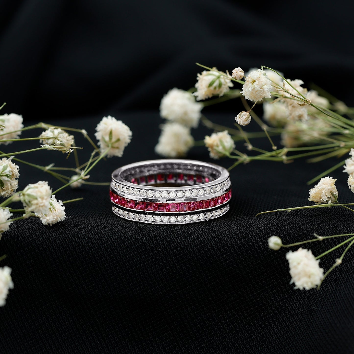 Lab Created Ruby Three Row Wedding Band for Women