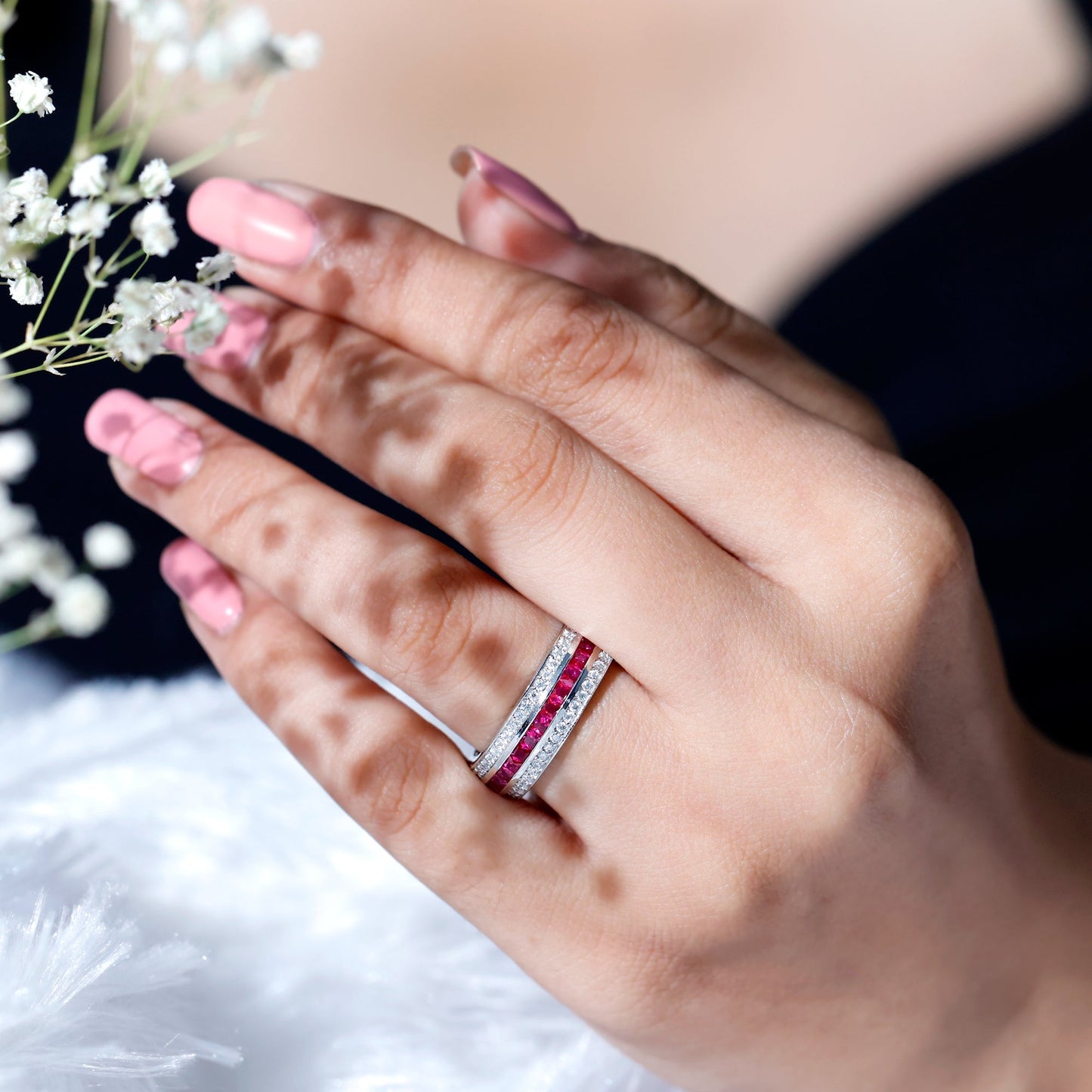 Lab Created Ruby Three Row Wedding Band for Women