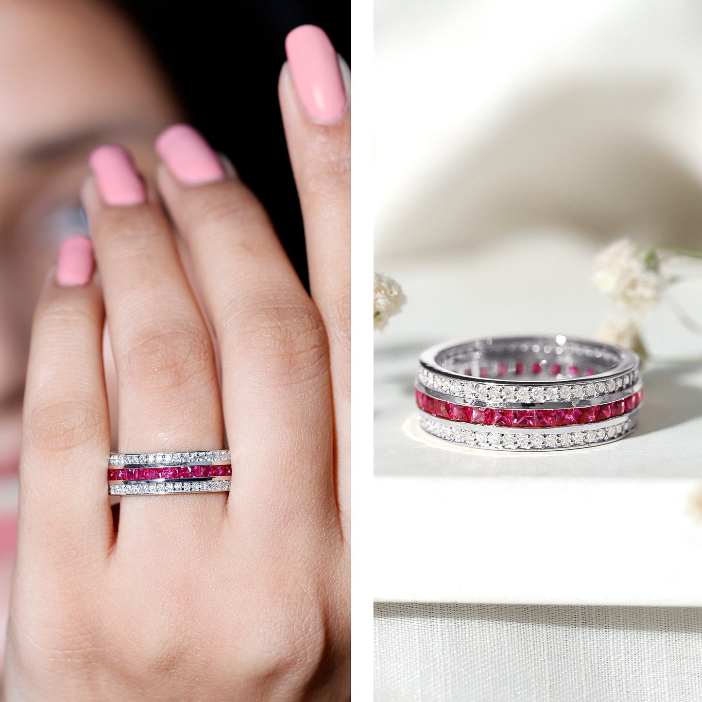 Lab Created Ruby Three Row Wedding Band for Women