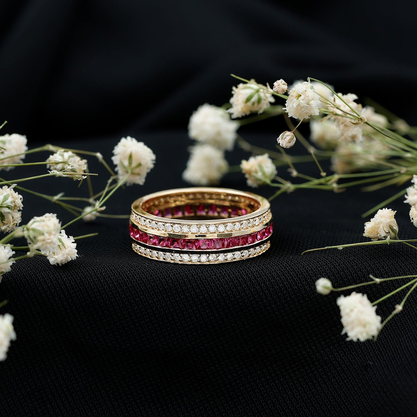 Lab Created Ruby Three Row Wedding Band for Women