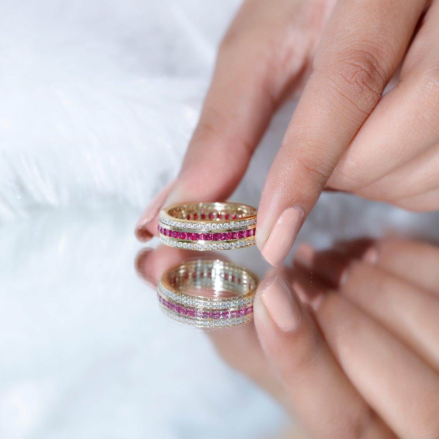 Lab Created Ruby Three Row Wedding Band for Women