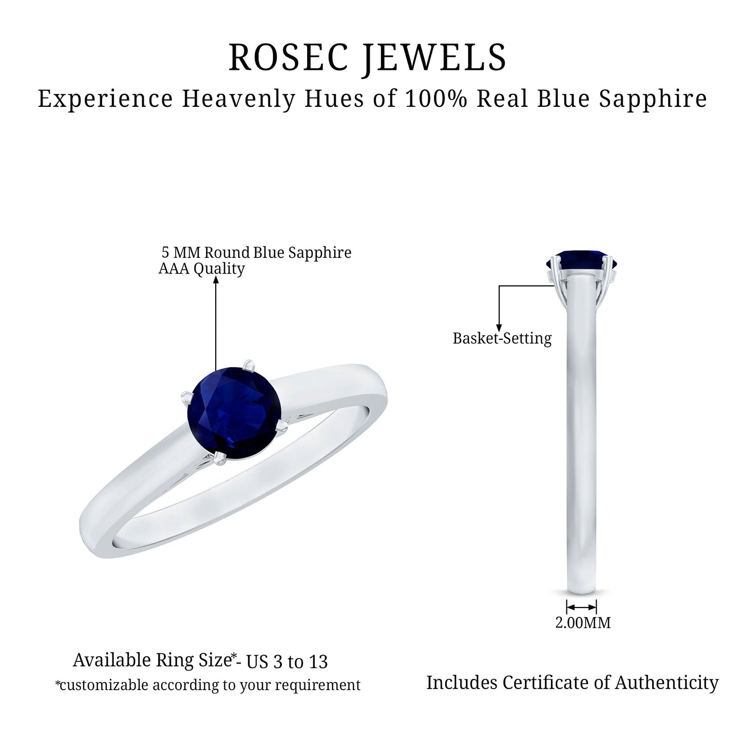 Natural 0.9 Carat Blue Sapphire Solitaire Promise Ring for Women