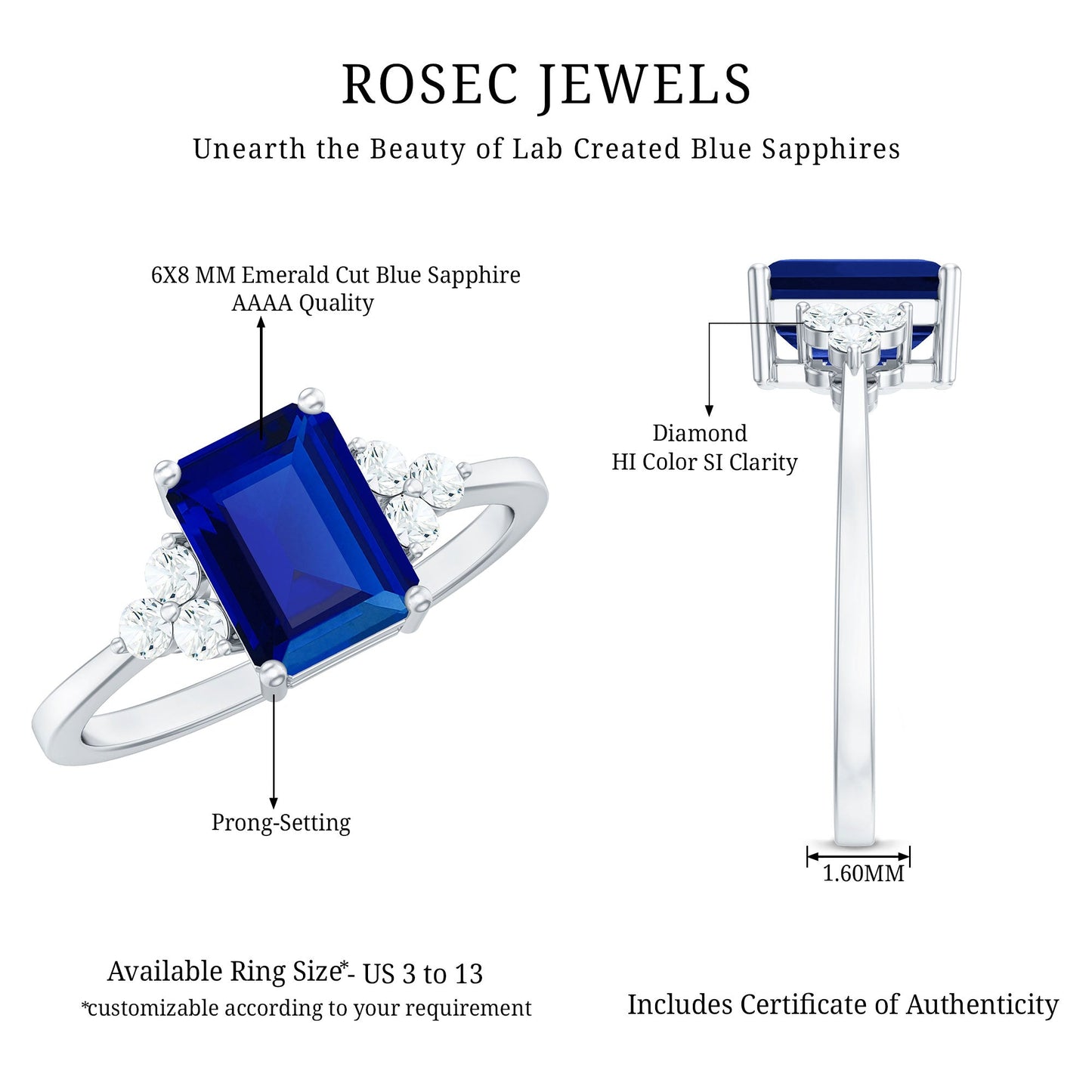 Emerald Cut Lab Created Blue Sapphire Engagement Ring with Diamond Accent