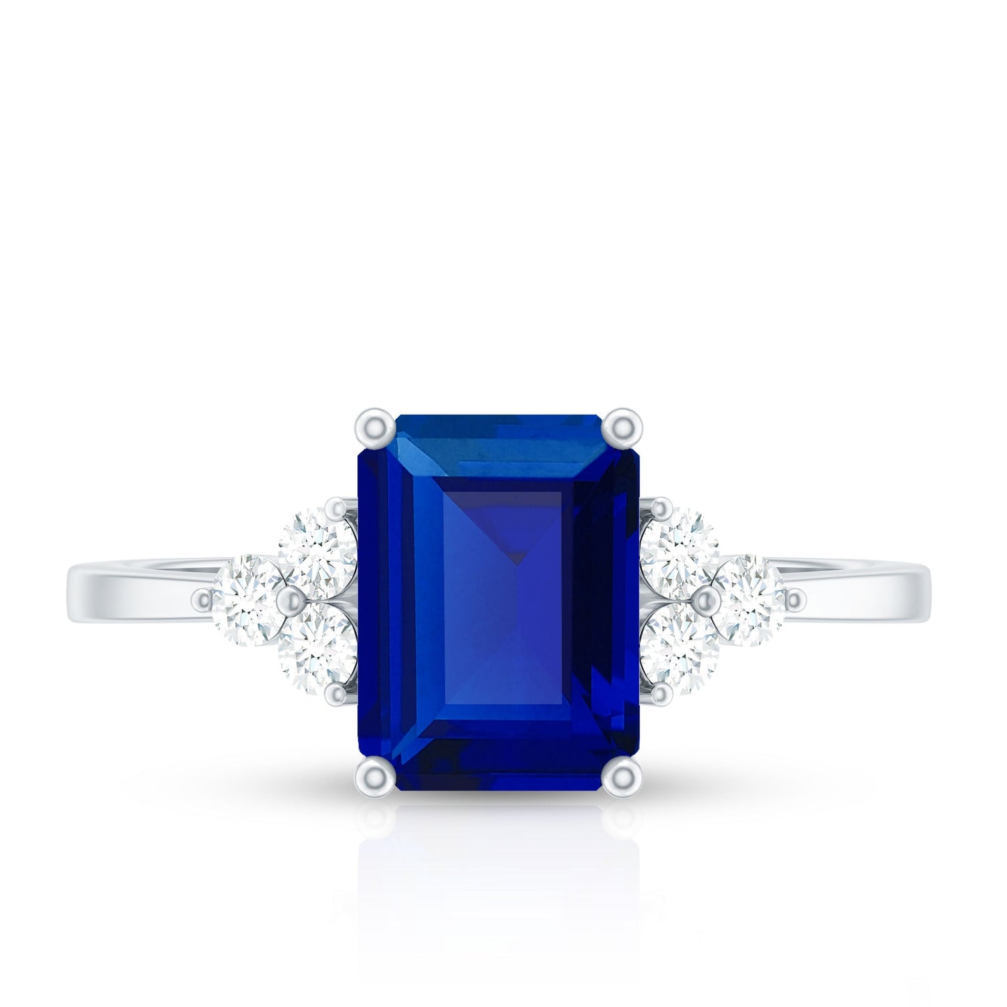 Emerald Cut Lab Created Blue Sapphire Engagement Ring with Diamond Accent