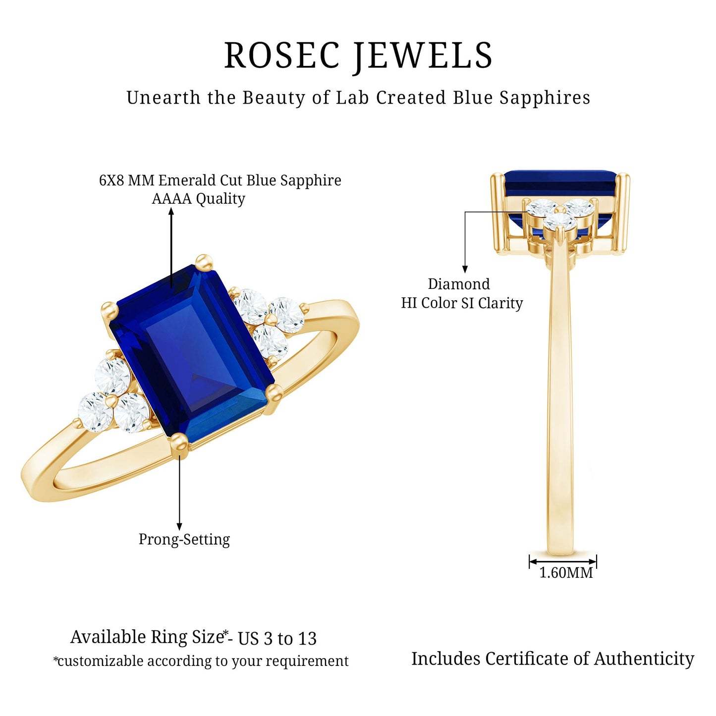 Emerald Cut Lab Created Blue Sapphire Engagement Ring with Diamond Accent