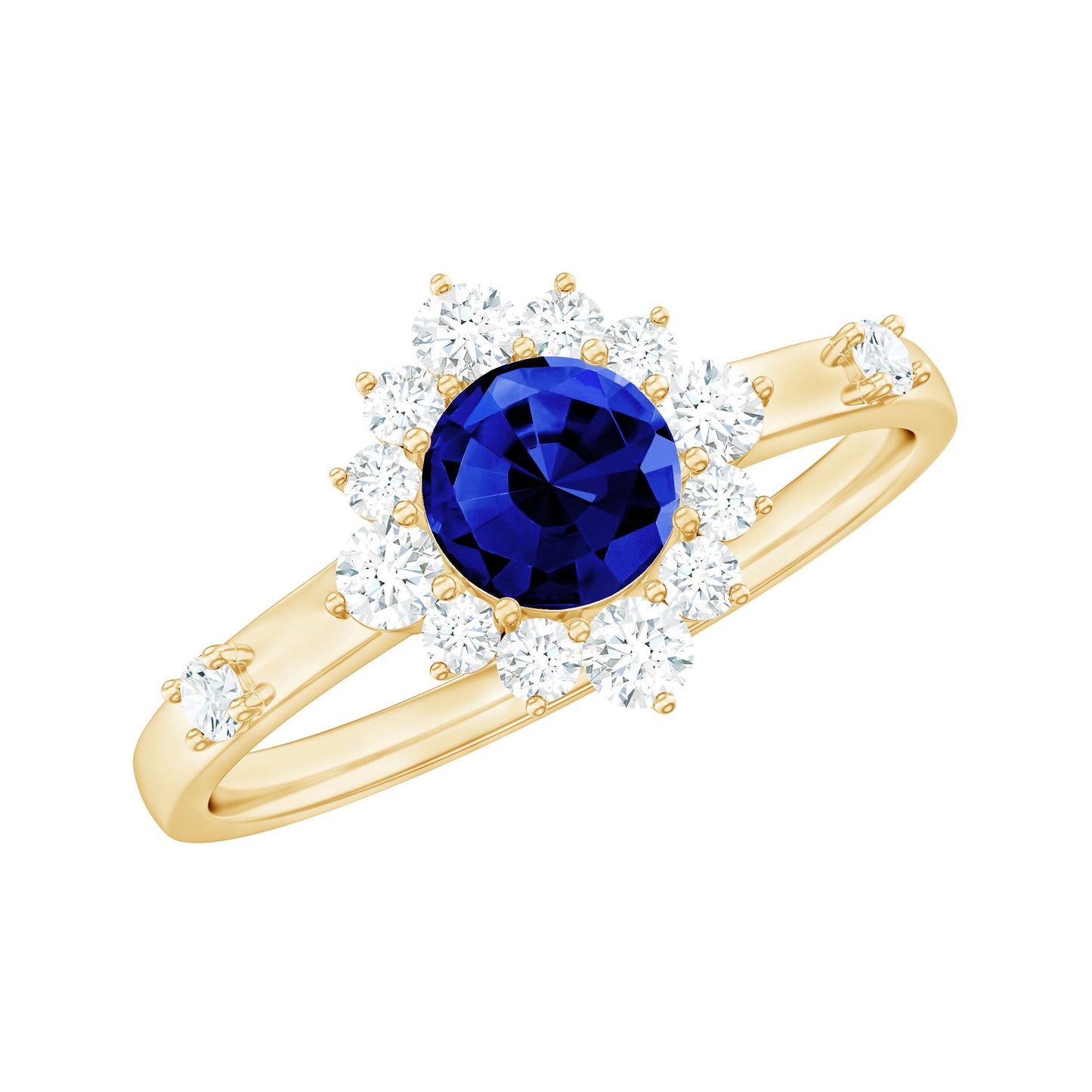 0.6 Carat Round Lab Created Blue Sapphire Classic Halo Ring with Diamond