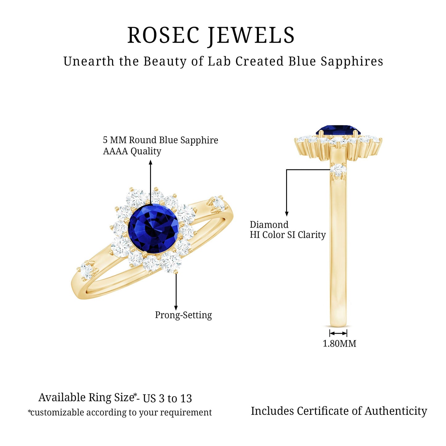 0.6 Carat Round Lab Created Blue Sapphire Classic Halo Ring with Diamond