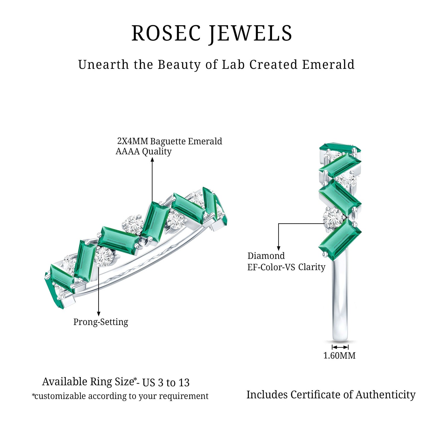Baguette Shape Lab Grown Emerald and Diamond Half Eternity Ring