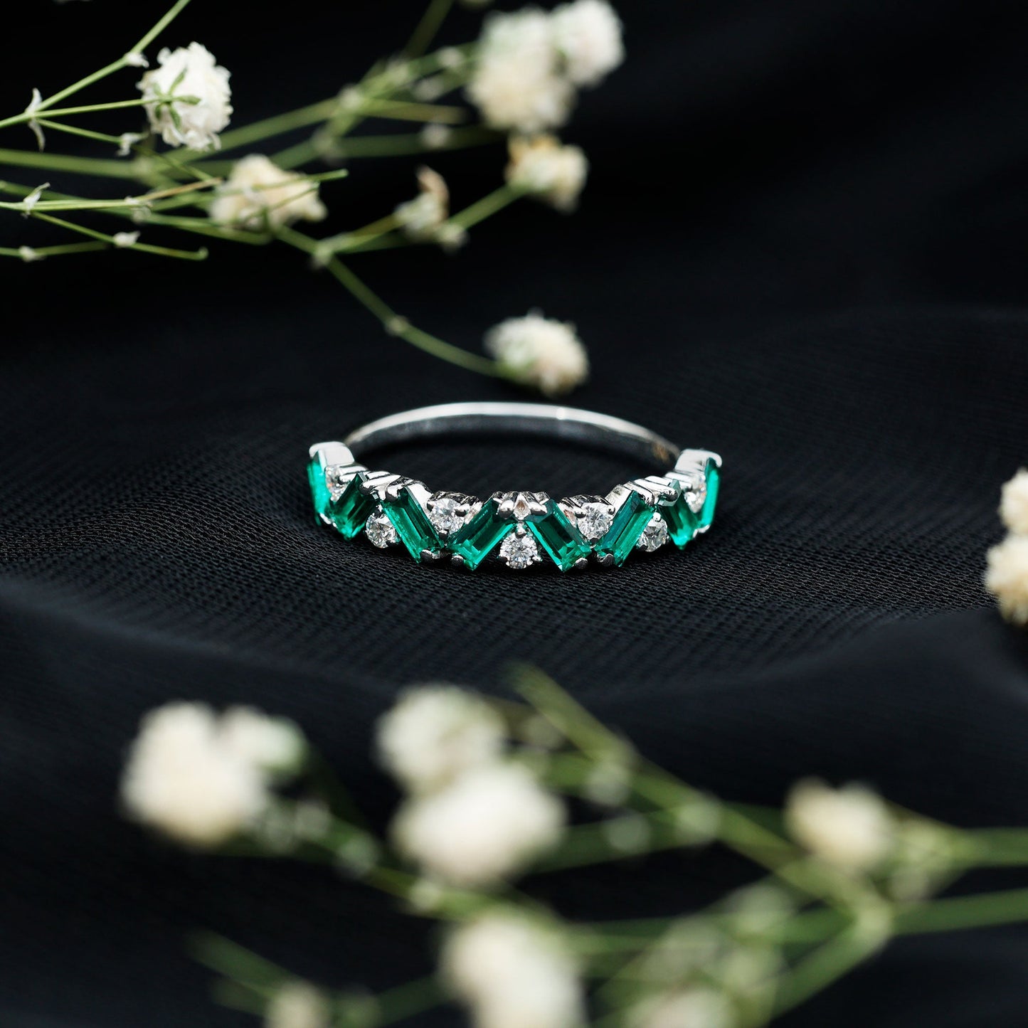 Baguette Shape Lab Grown Emerald and Diamond Half Eternity Ring