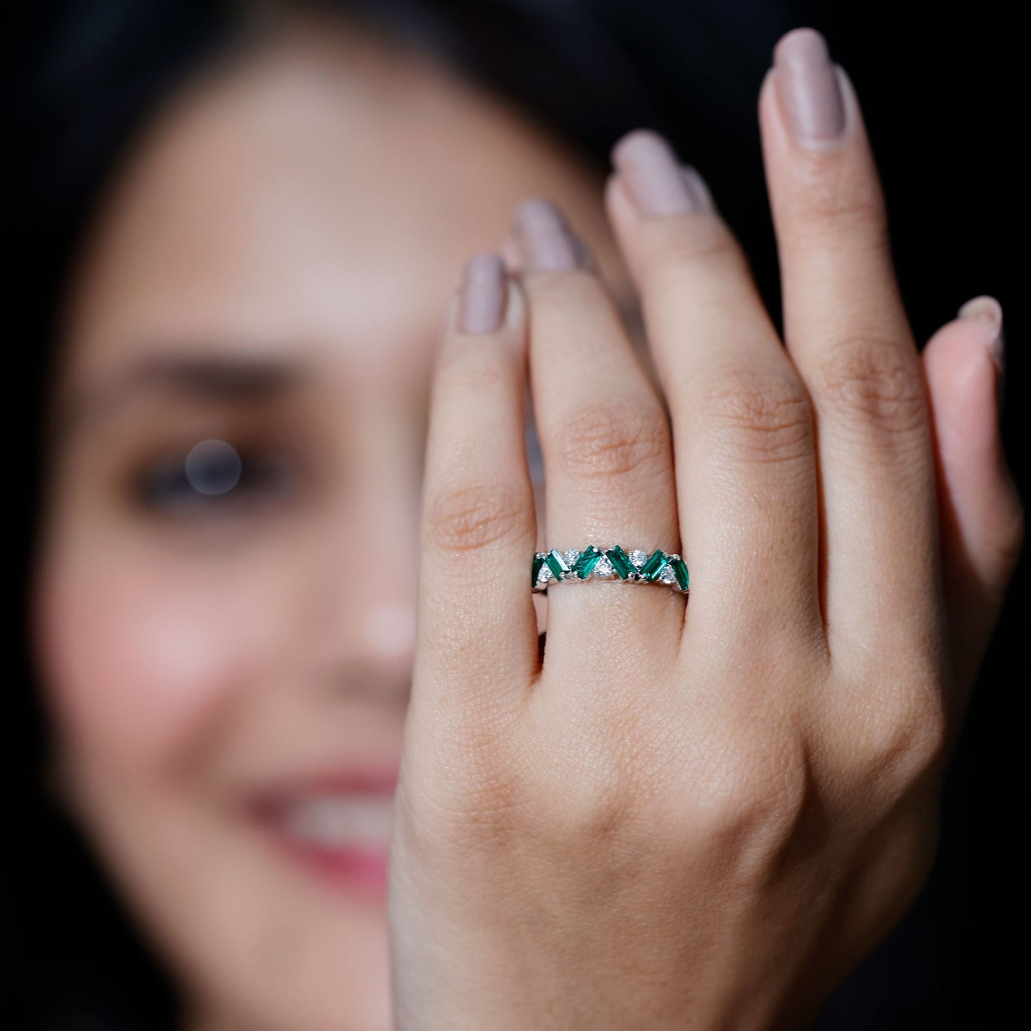 Baguette Shape Lab Grown Emerald and Diamond Half Eternity Ring