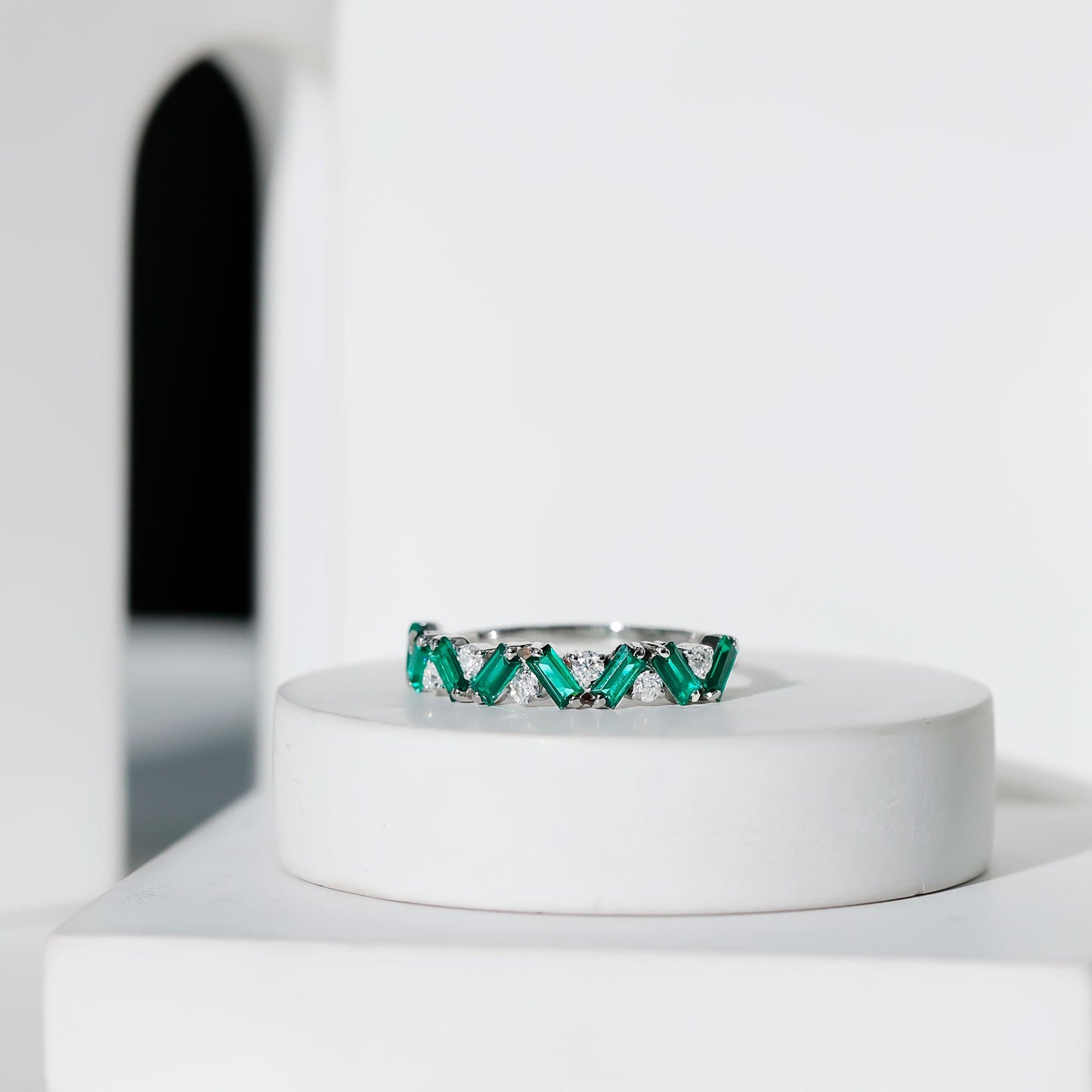 Baguette Shape Lab Grown Emerald and Diamond Half Eternity Ring