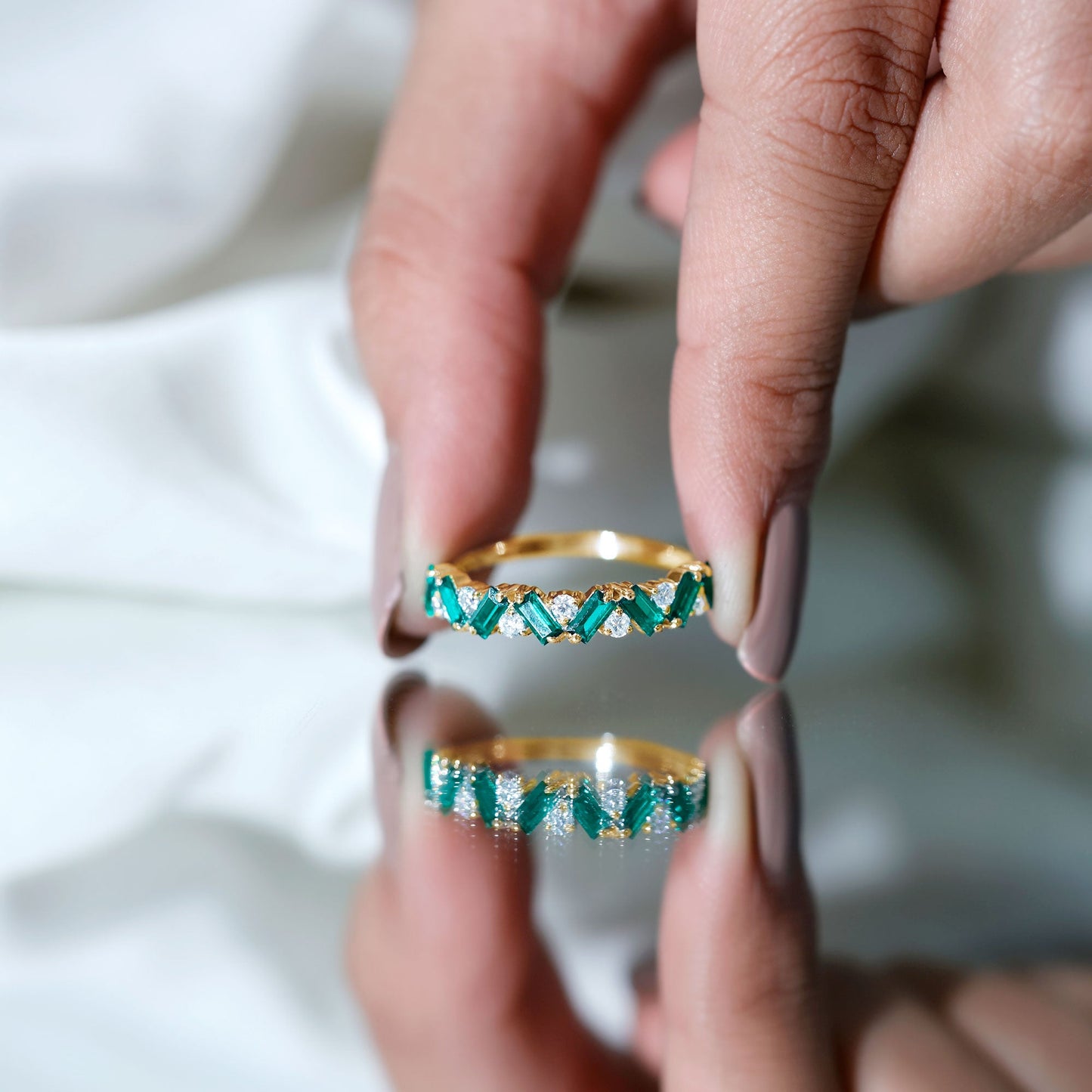 Baguette Shape Lab Grown Emerald and Diamond Half Eternity Ring