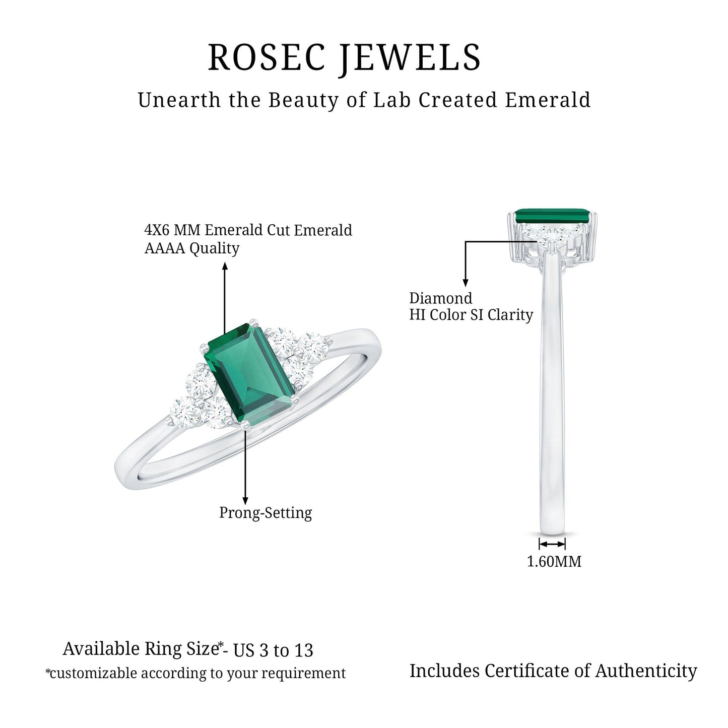 Certified Lab Grown Emerald Cut Emerald Engagement Ring with Diamond Trio