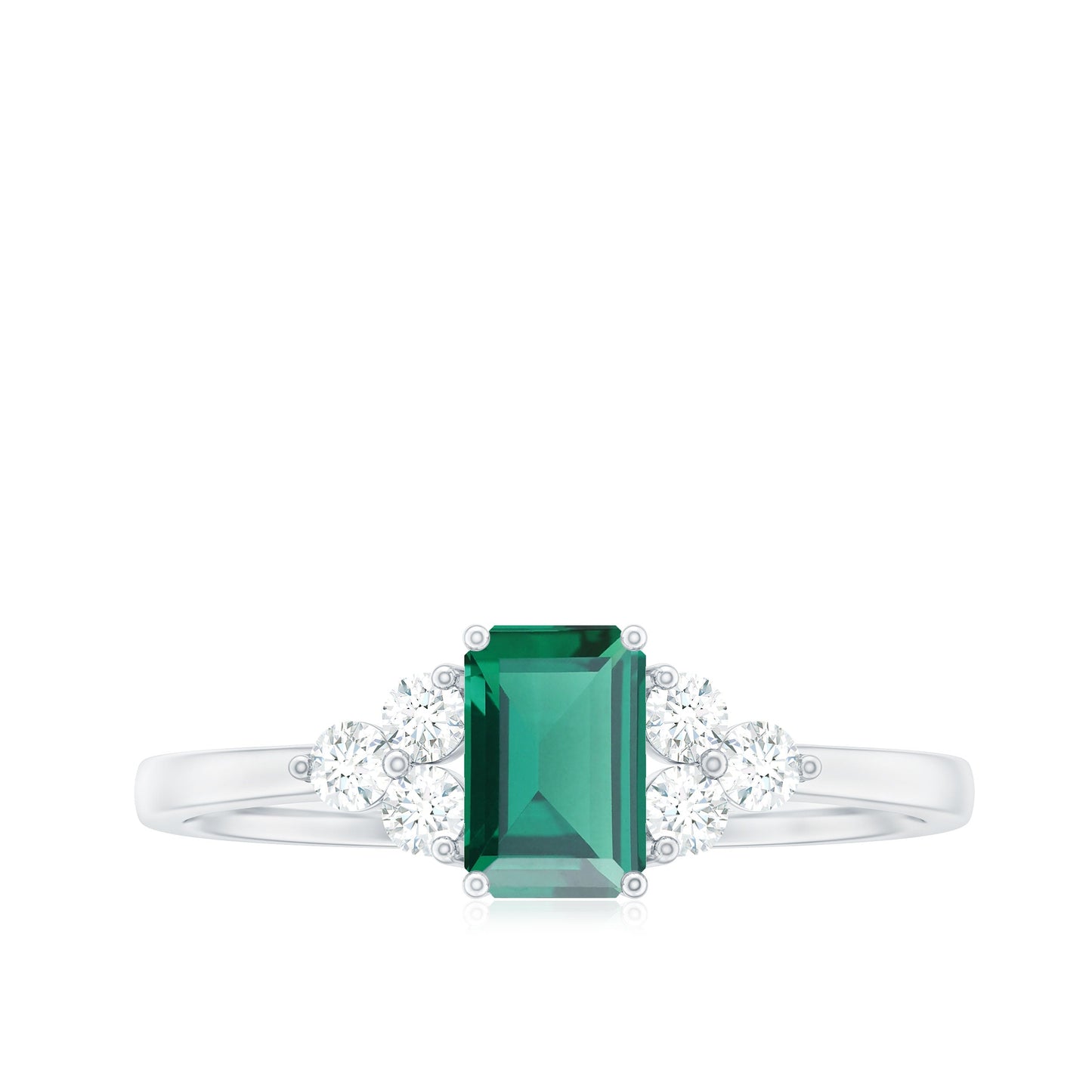Certified Lab Grown Emerald Cut Emerald Engagement Ring with Diamond Trio