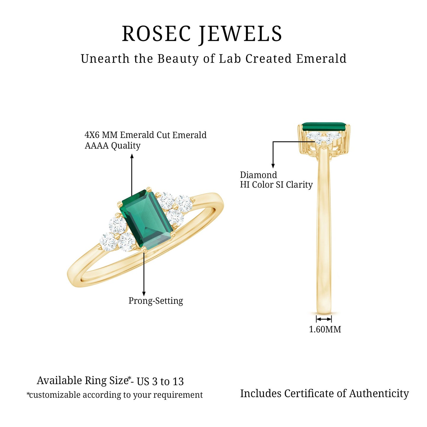 Certified Lab Grown Emerald Cut Emerald Engagement Ring with Diamond Trio