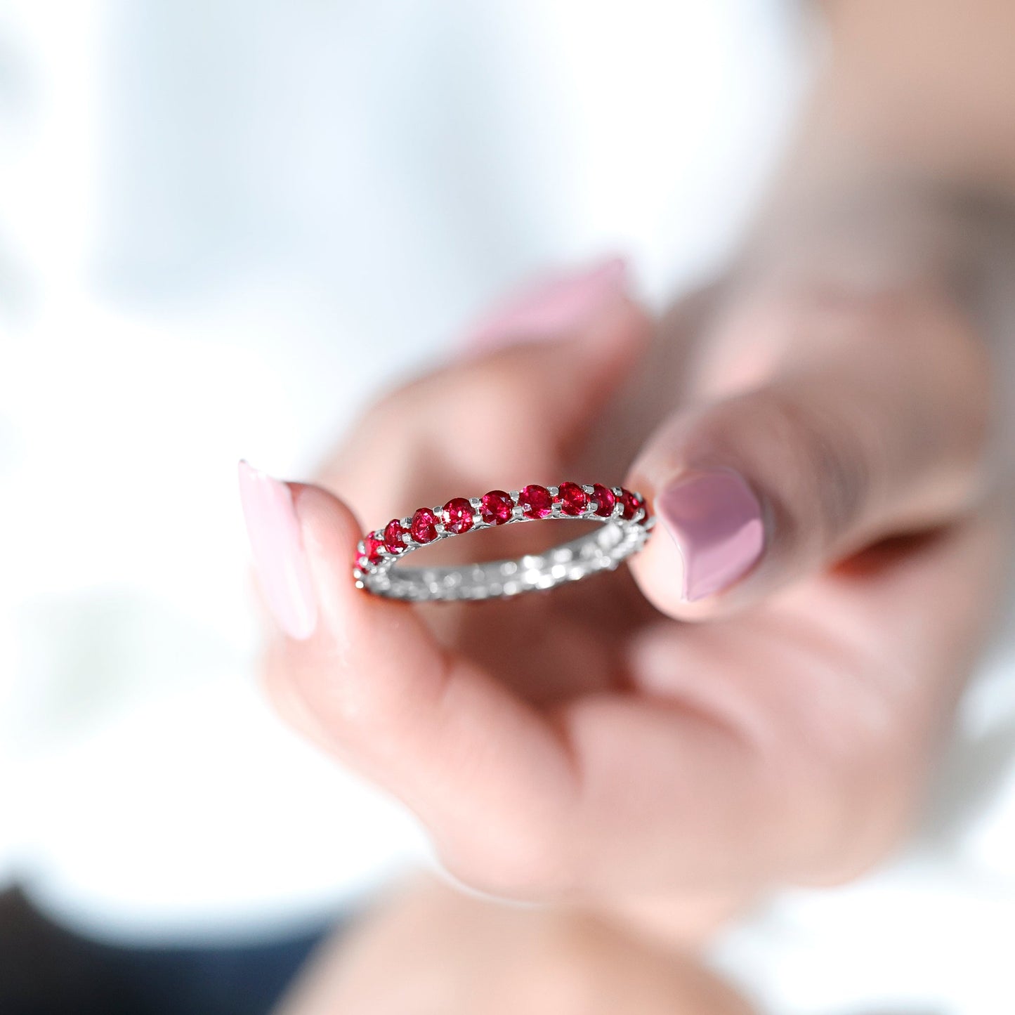 Shared Prong Set Round Created Ruby Full Eternity Band Ring