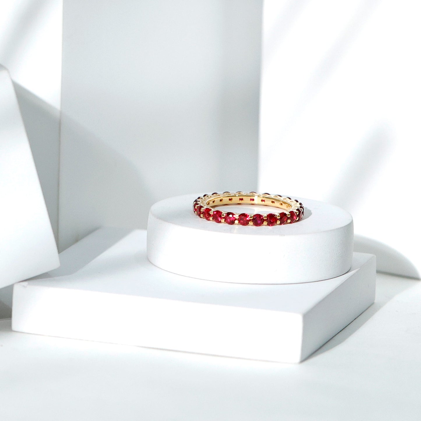Shared Prong Set Round Created Ruby Full Eternity Band Ring