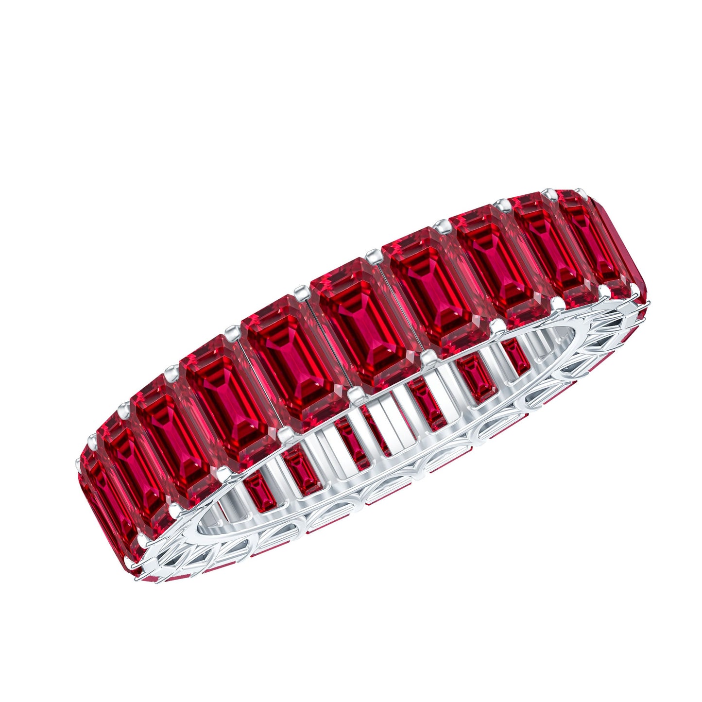 Emerald Cut Lab Grown Ruby Full Eternity Wide Band Ring