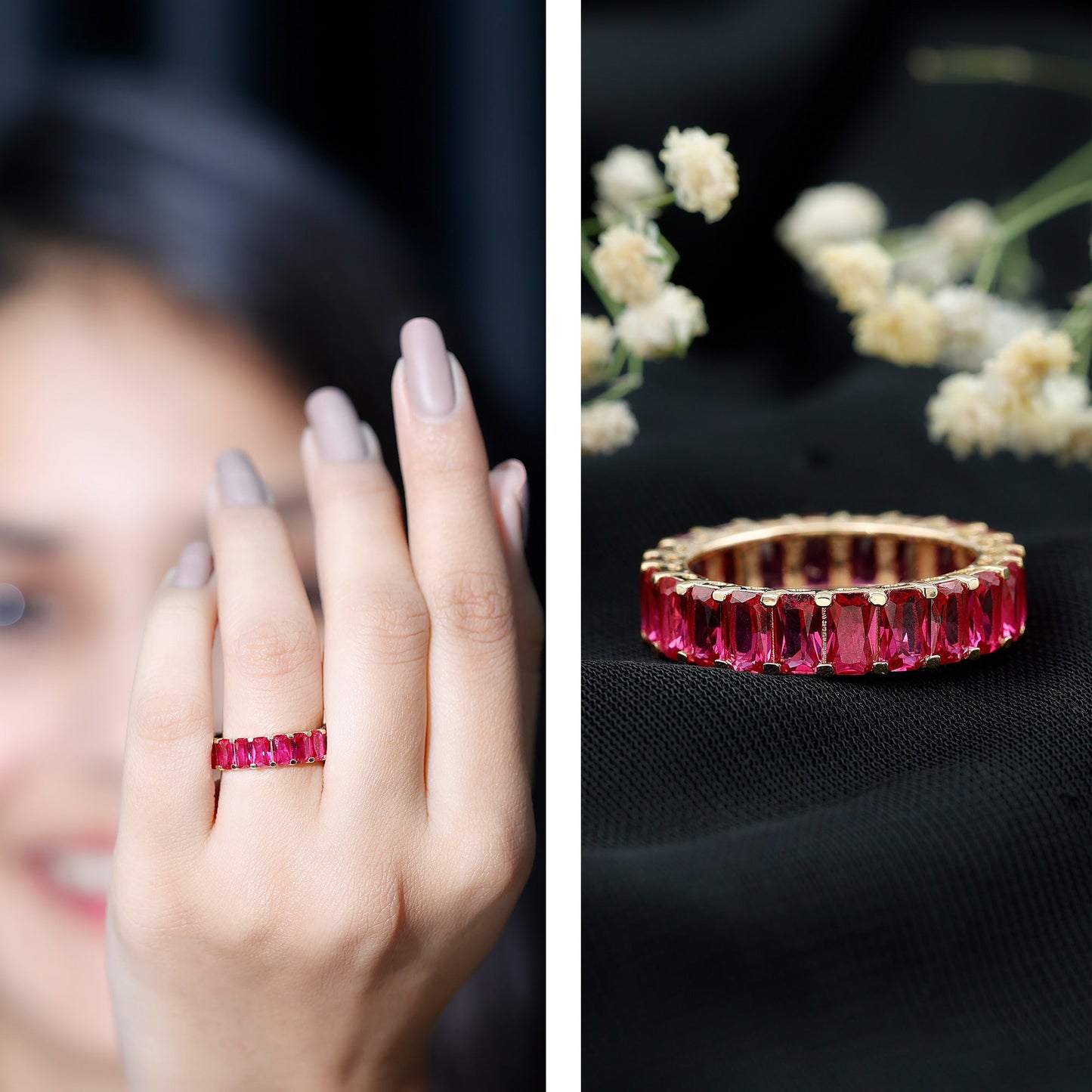Emerald Cut Lab Grown Ruby Full Eternity Wide Band Ring