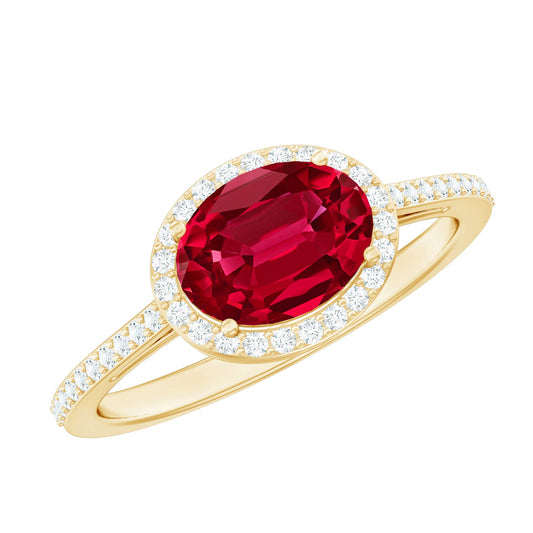 East West Set Lab Grown Ruby Oval Engagement Ring with Diamond