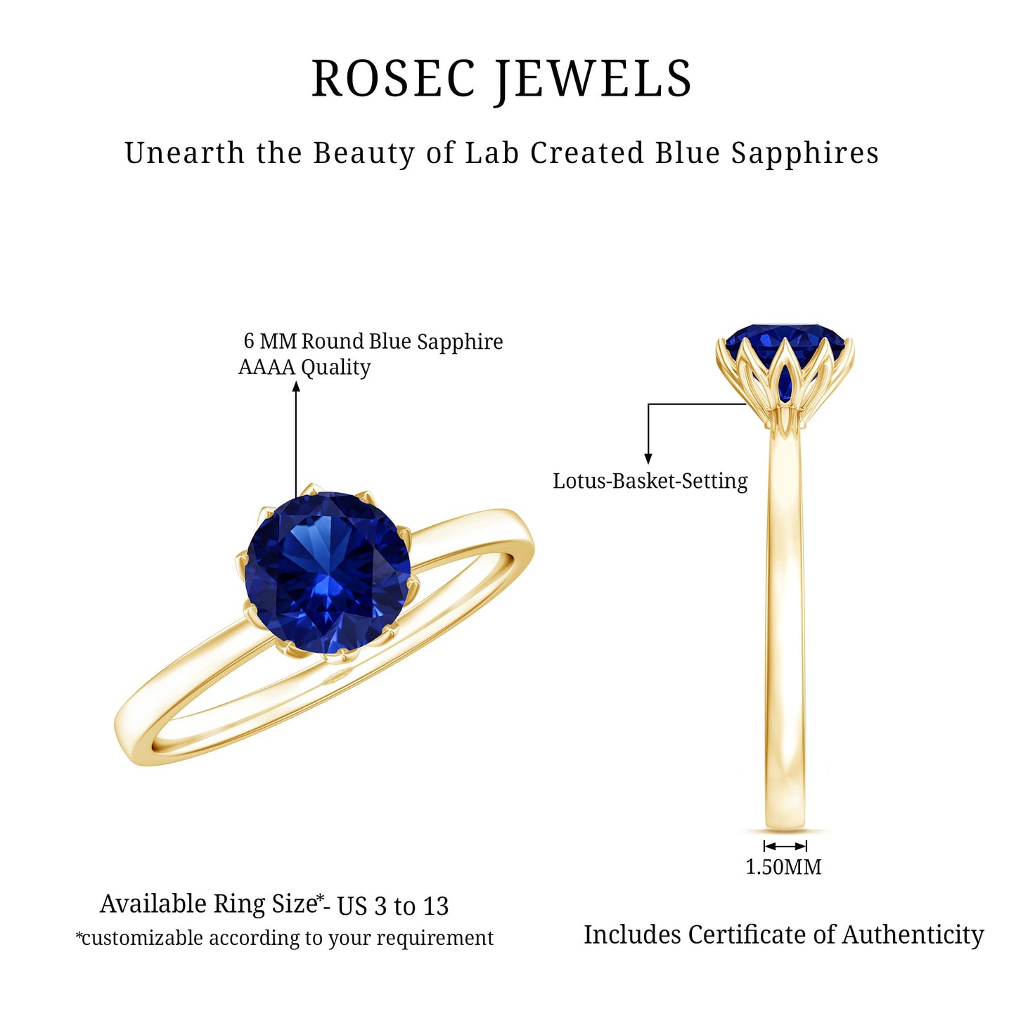 Certified 1 Carat Lab Grown Blue Sapphire Solitaire Engagement Ring