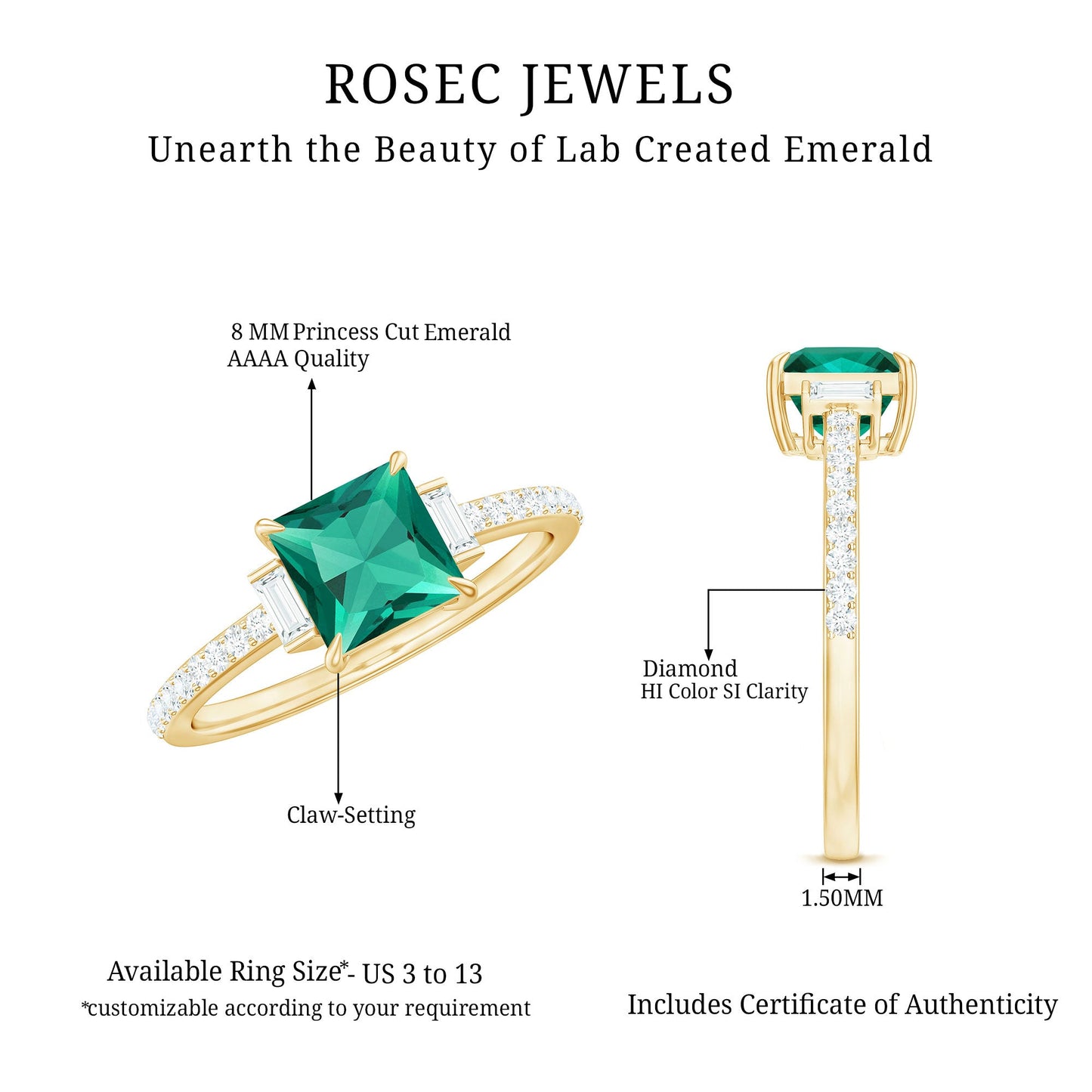 Lab Grown Emerald Diamond 3 Stone Engagement Ring with Certificate