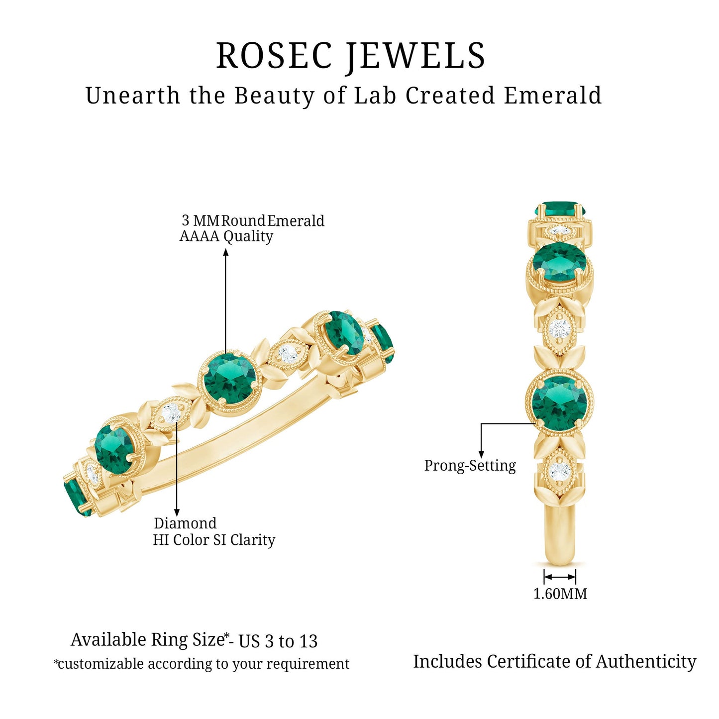 Nature Inspired Lab Grown Emerald Diamond Half Eternity Anniversary Ring