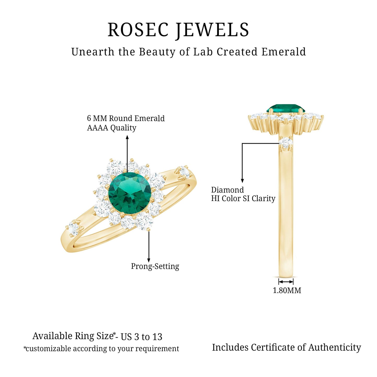 Certified Lab Grown Emerald Classic Engagement Ring with Diamond